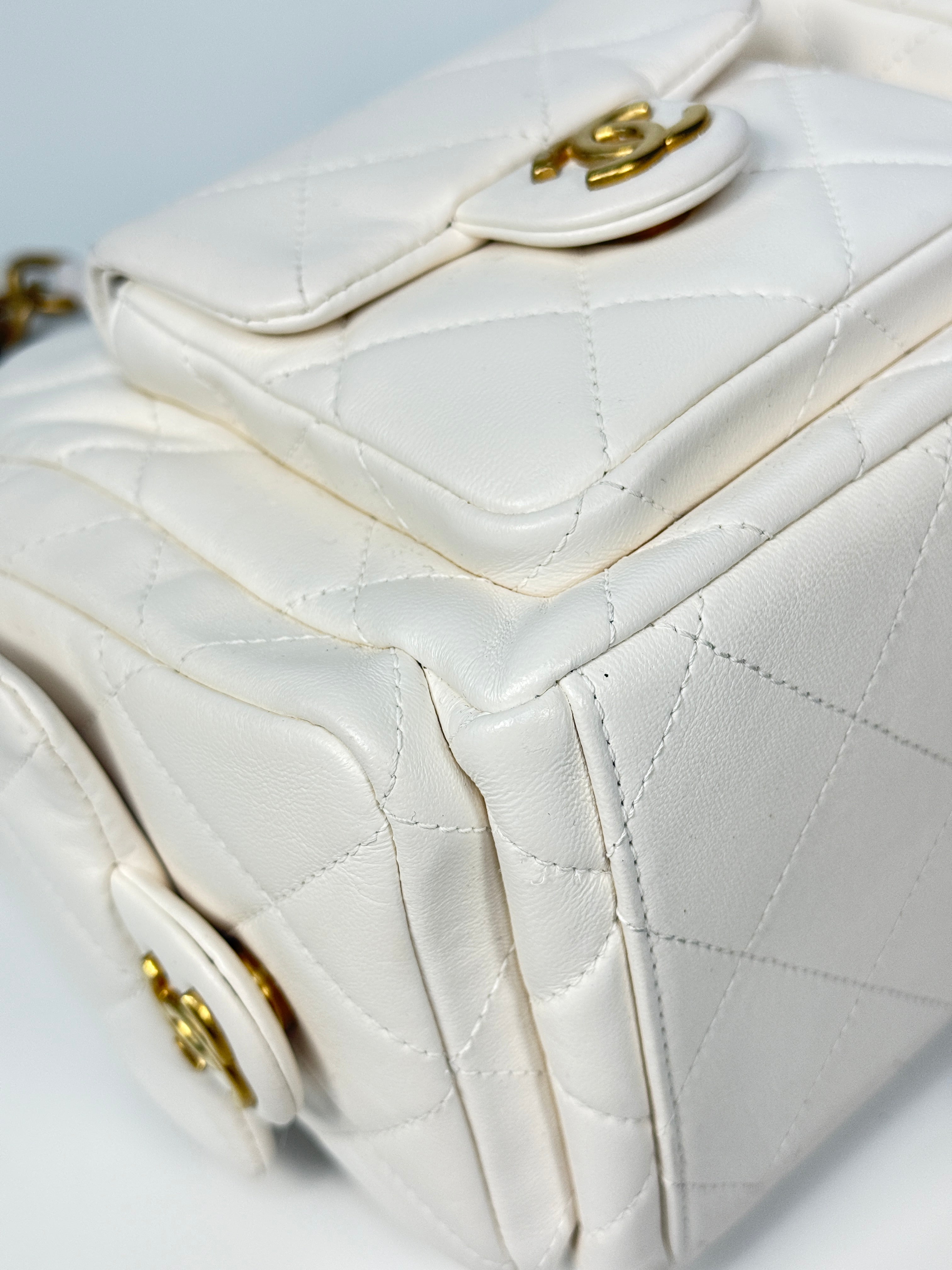 Chanel Quilted Pockets Bag In White Lambskin Leather With Gold Hardware