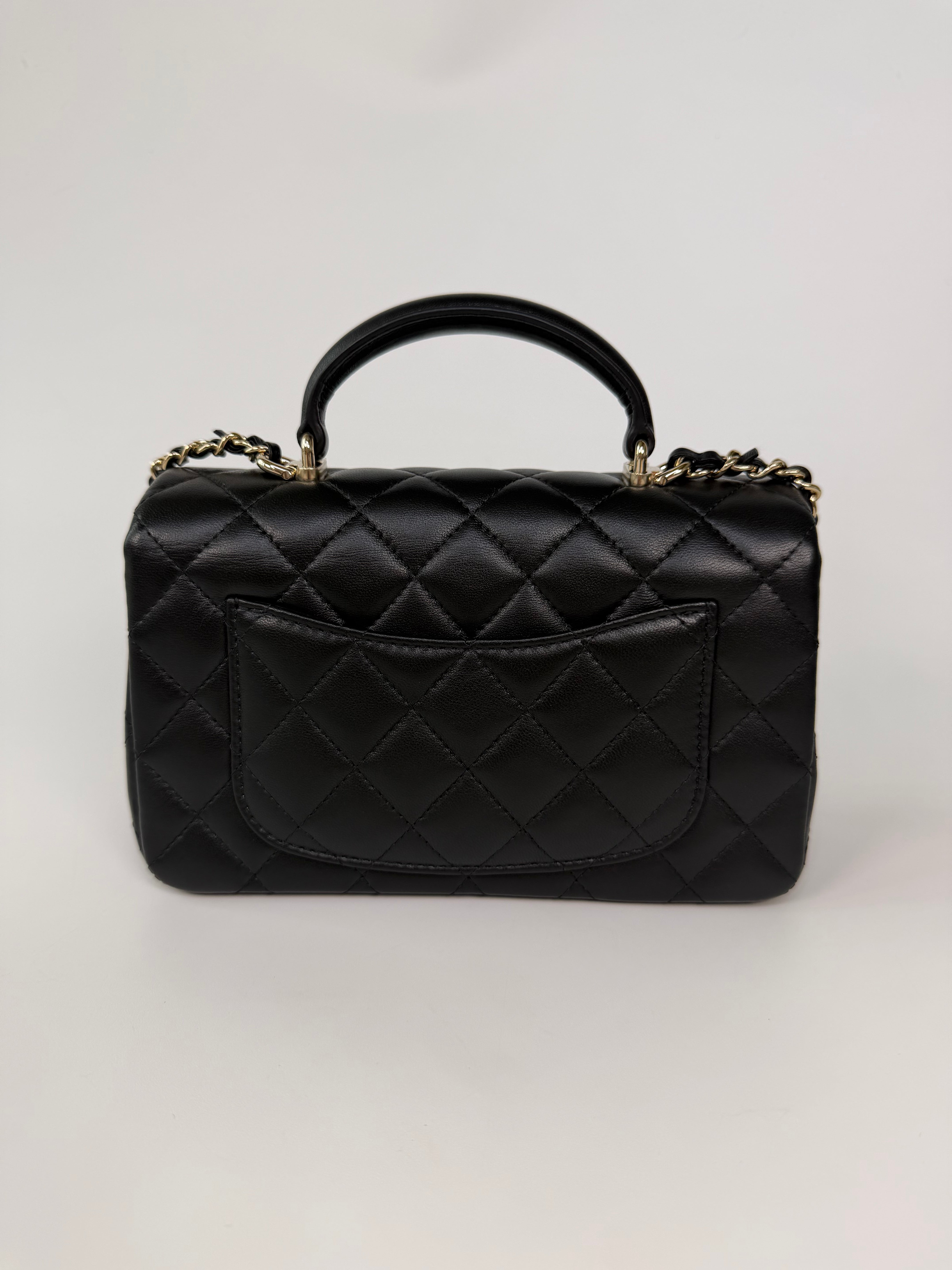Chanel Mini Rectangle Top Handle In Black Lambskin Leather With Pale Gold Hardware