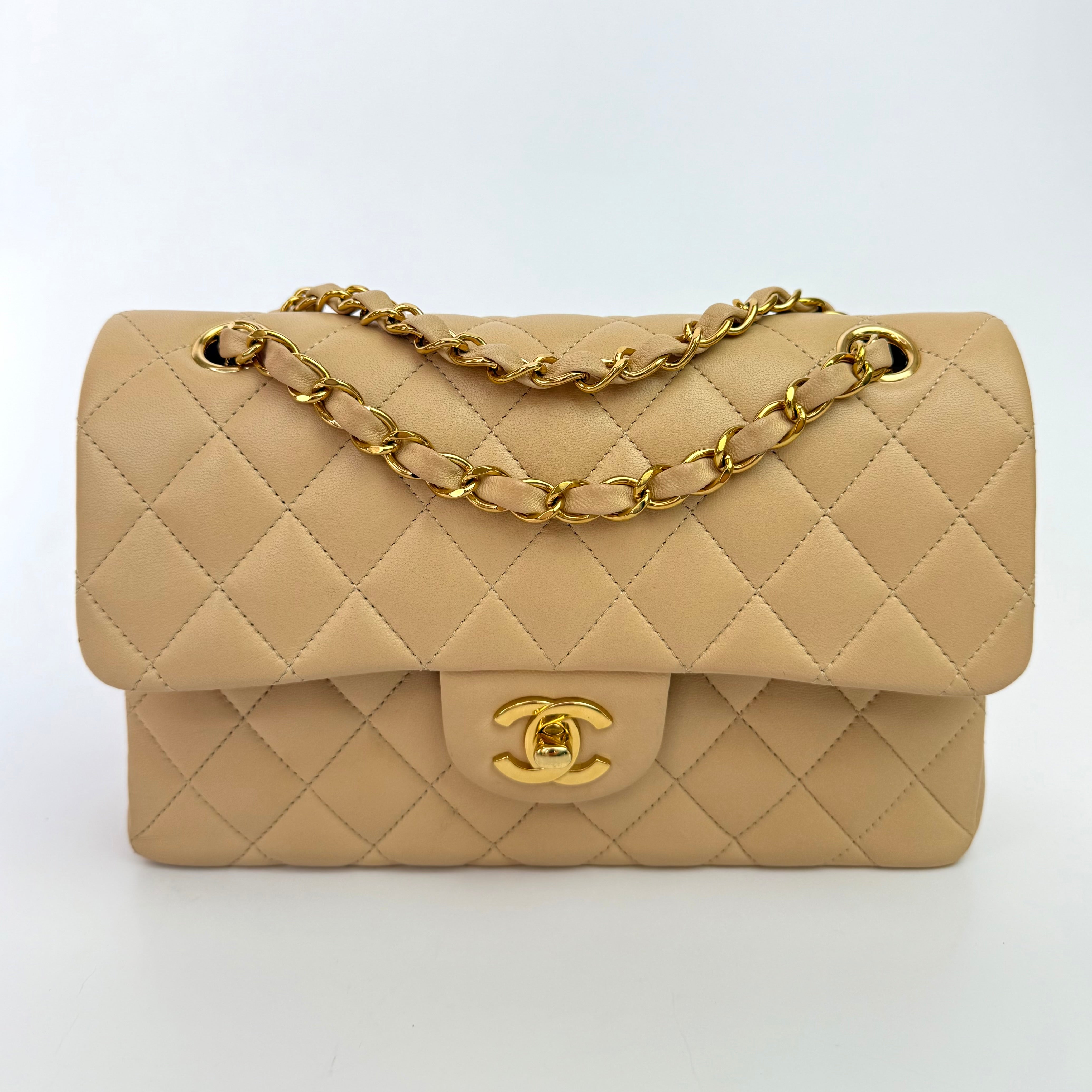 Chanel Small Classic Double Flap In Beige Lambskin With GHW