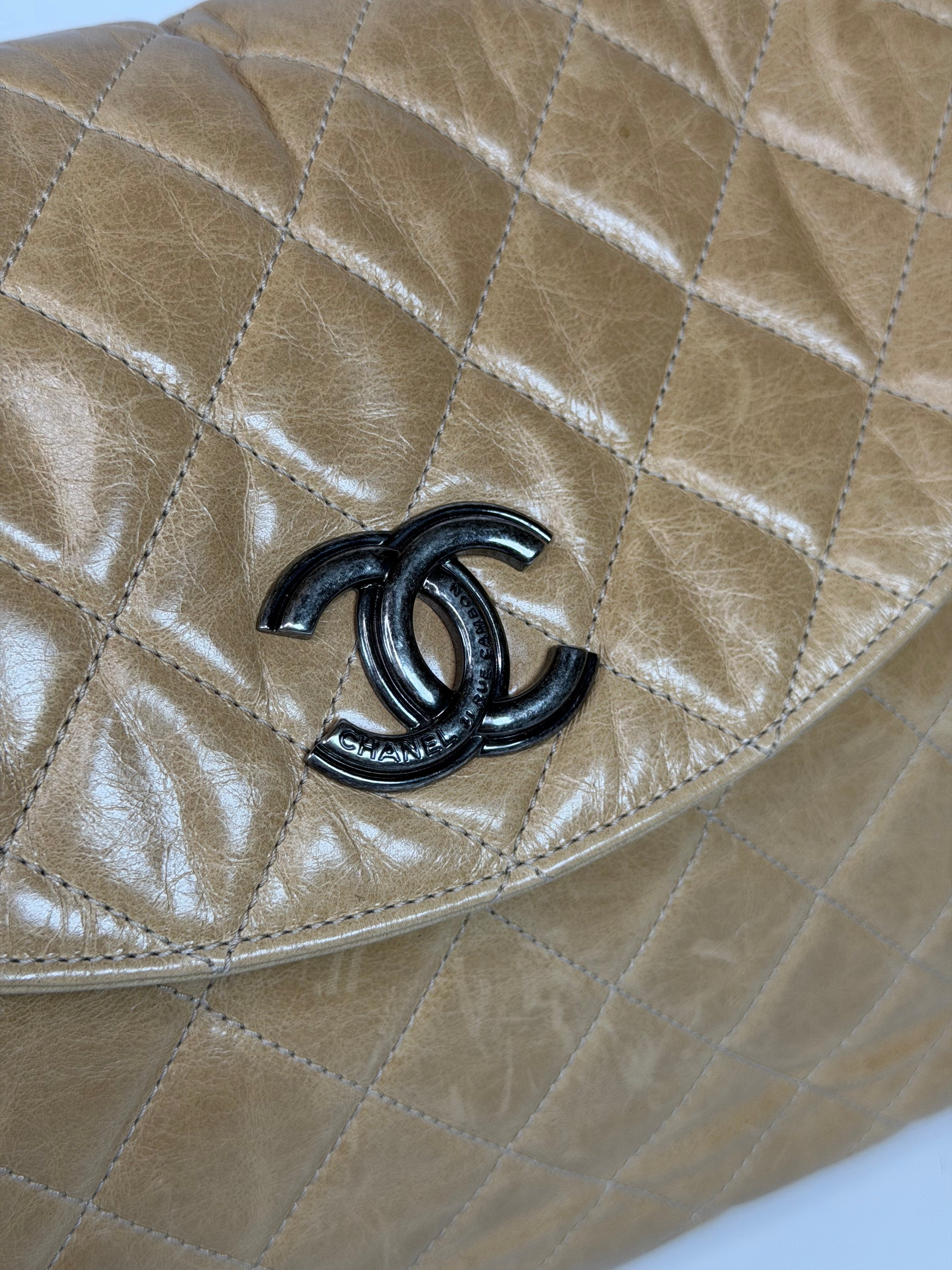 Chanel Large 31 Flap Bag In Beige Calfskin With Ruthenium Hardware. Authentic and preloved in very good condition. Insured next day delivery. Verified by Luxe cheshire