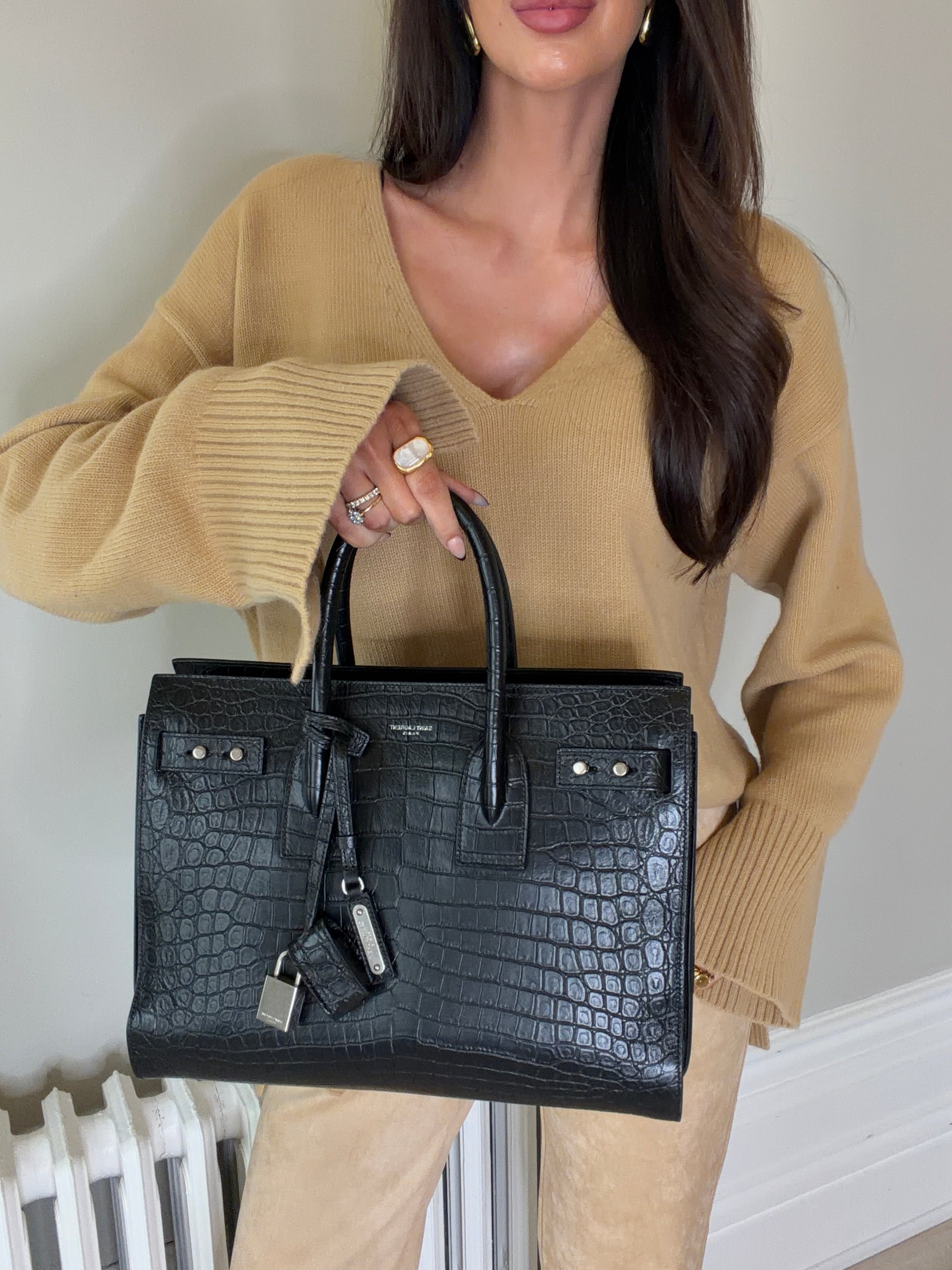 Saint Laurent Large Sac De Jour In Black Croc Embossed Leather With Silver hardware In excellent preloved condition Authentic and preloved.