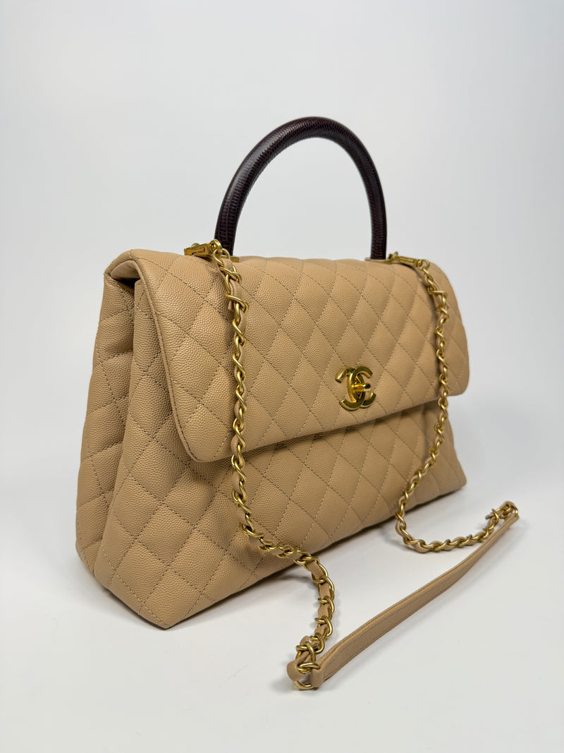 Chanel Coco Large Top Handle In Beige Caviar Leather With GHW