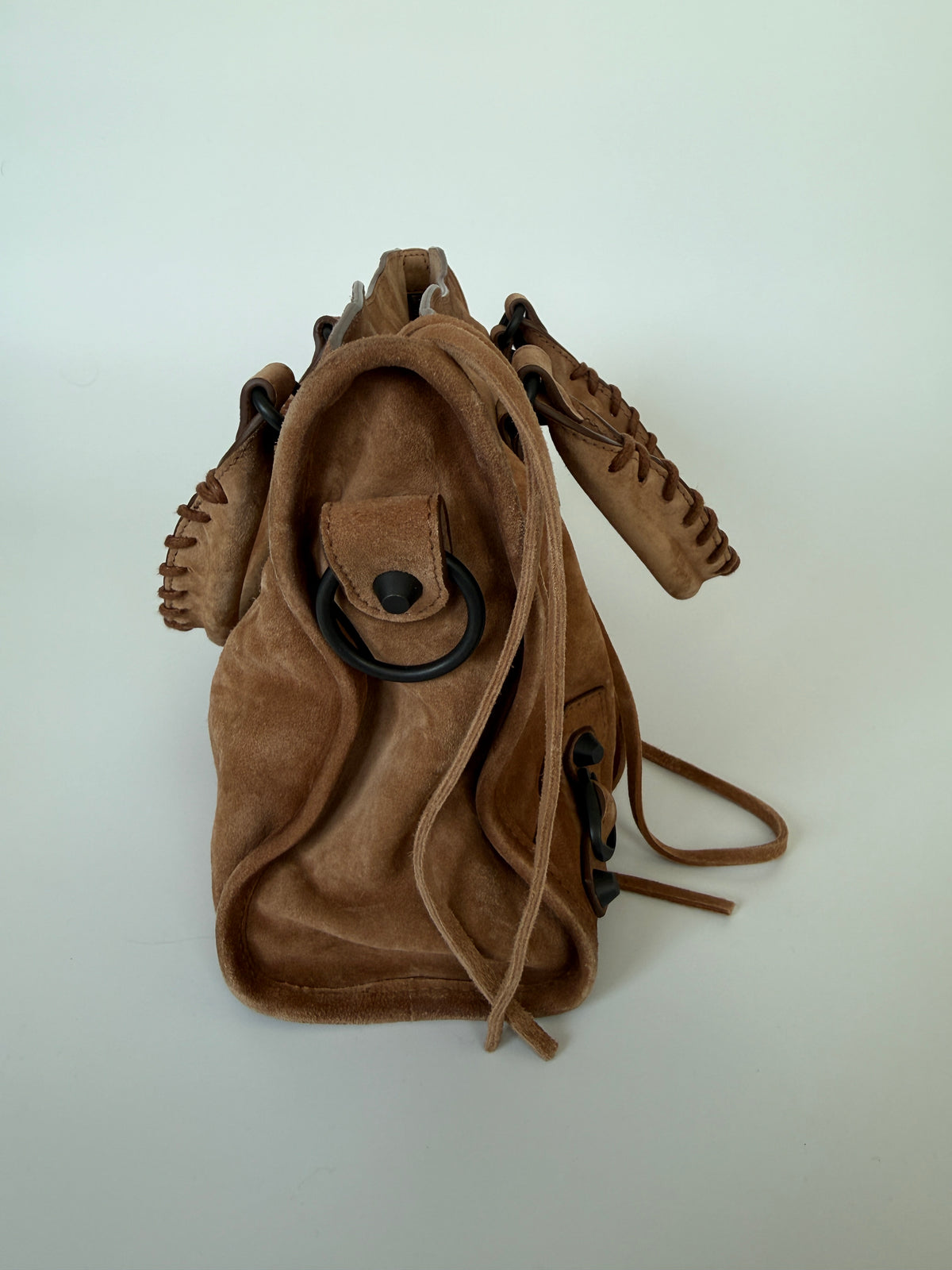 Balenciaga Le City Small Bag In Camel Suede Verified by Luxe Cheshire. Trusted designer resale.