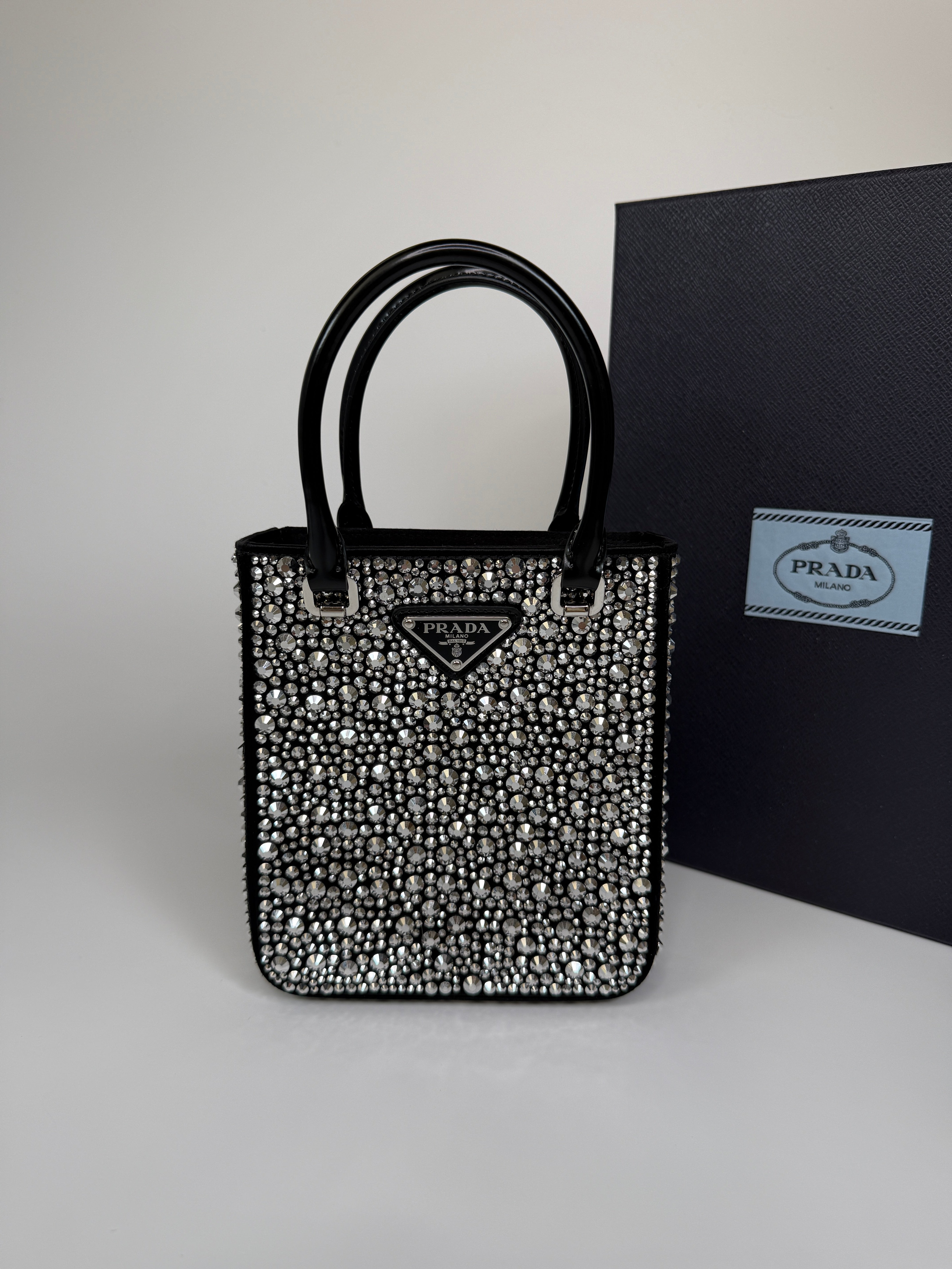 Prada Mini Tote In Black Crystal Leather With Silver Hardware Excellent Condition. 100% Authenticity guarantee. 