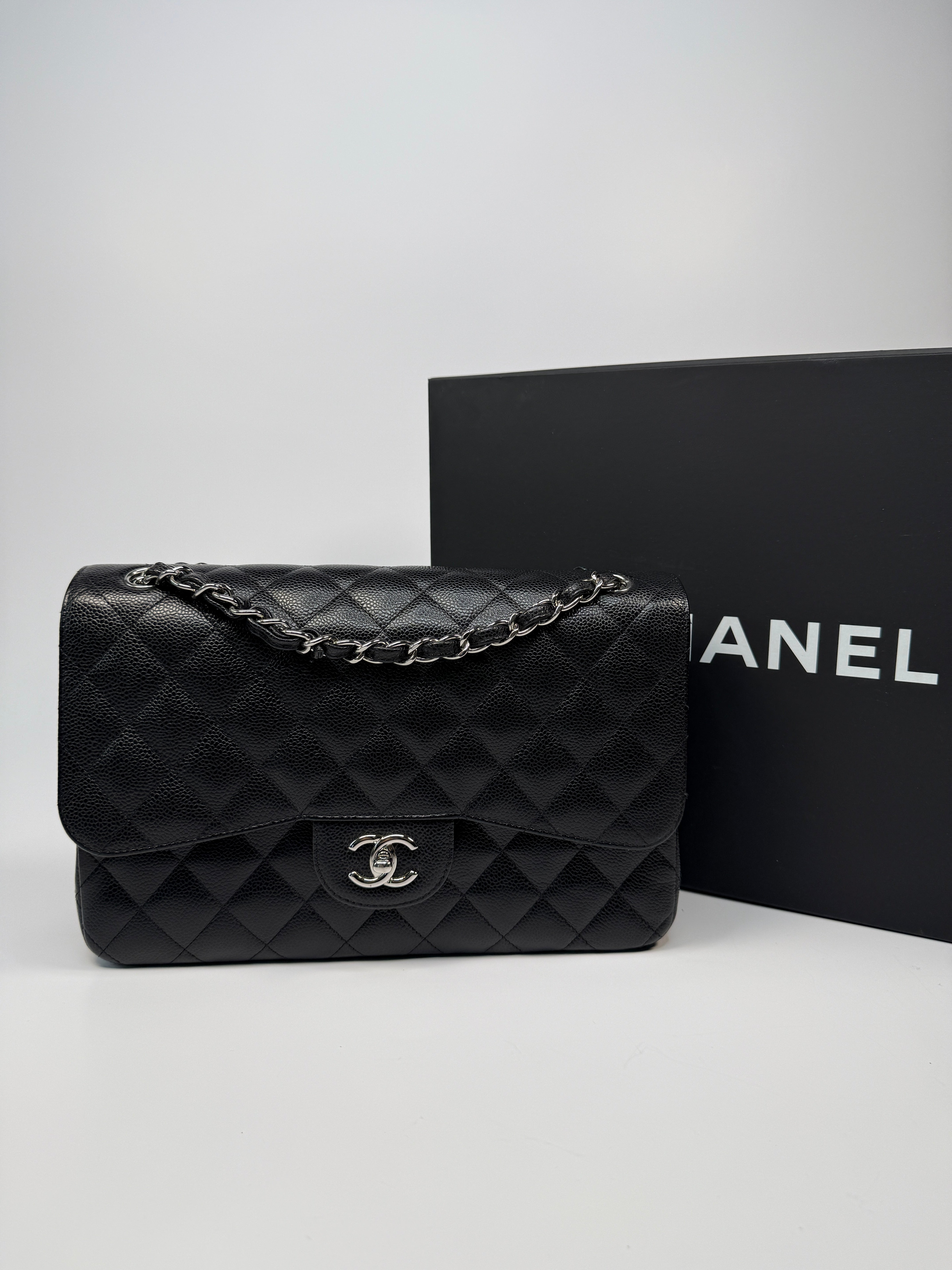 Chanel Black Caviar Leather Jumbo Classic Double Flap Silver Hardware
Pre Loved & Authentic 