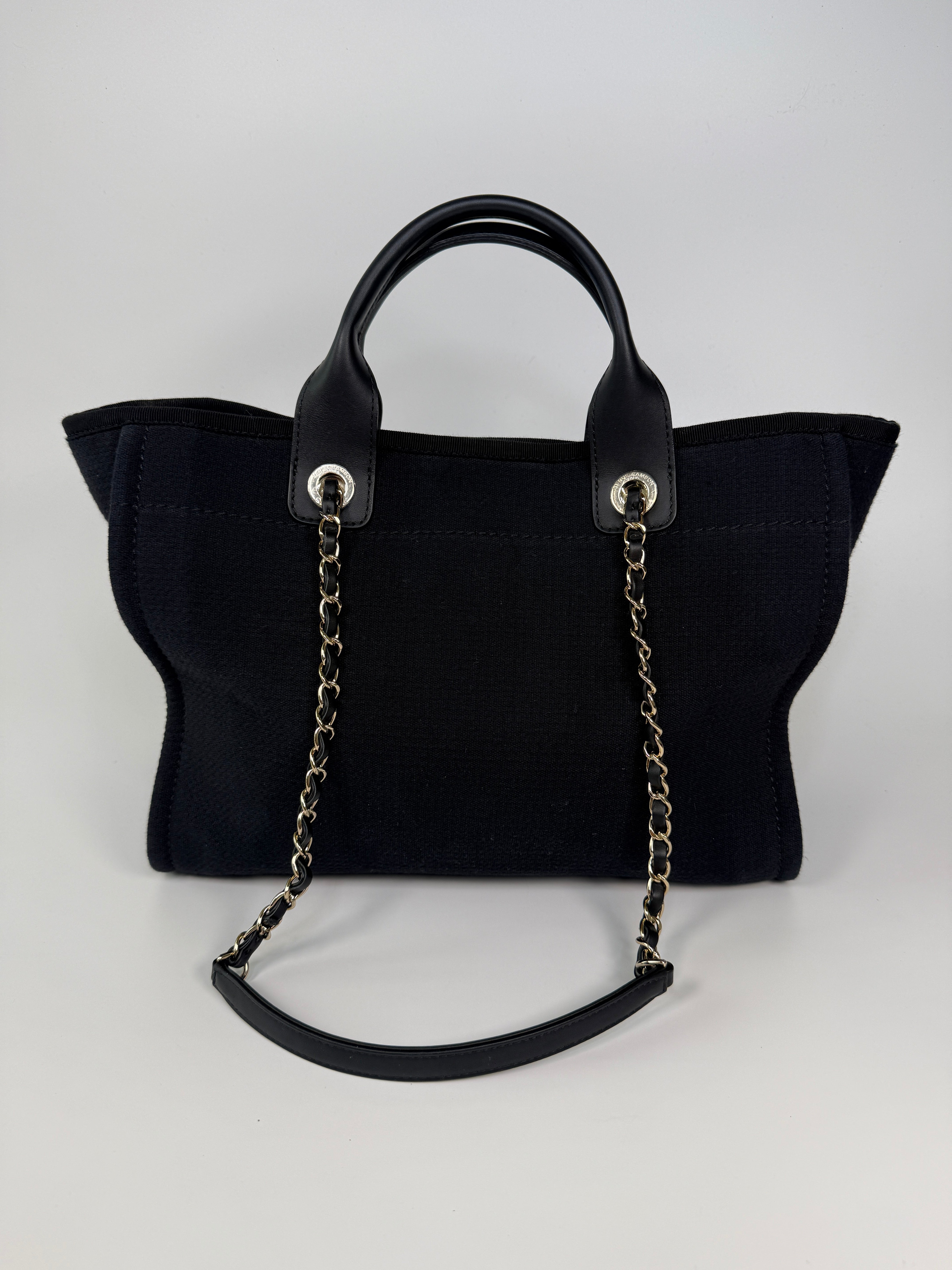 Chanel Small Deauville Tote Bag In Black With Pale Gold Hardware 