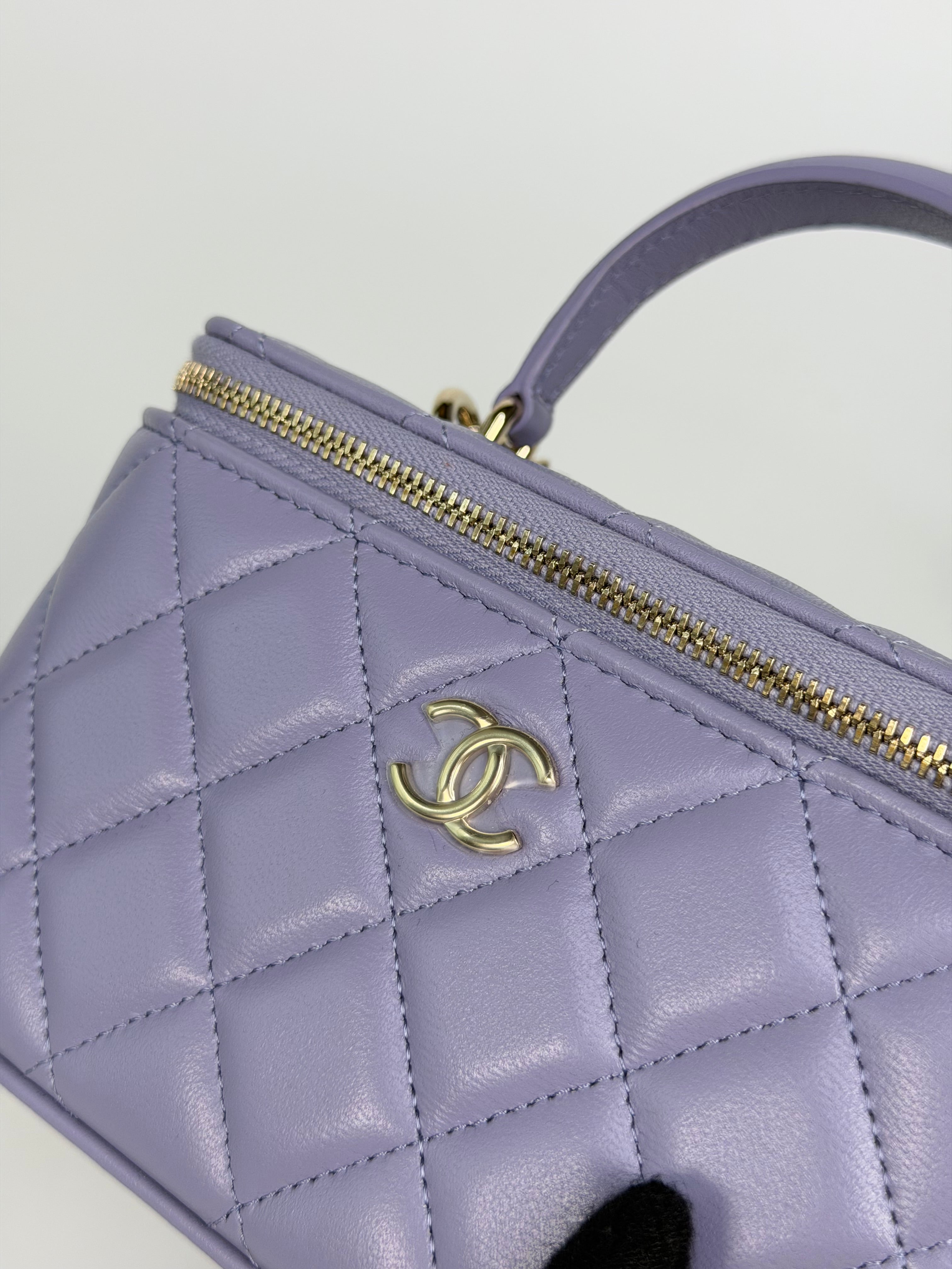 Chanel Mini Vanity Top Handle In Lilac Lambskin Leather With Gold Hardware. Authentic and preloved in excellent condition
