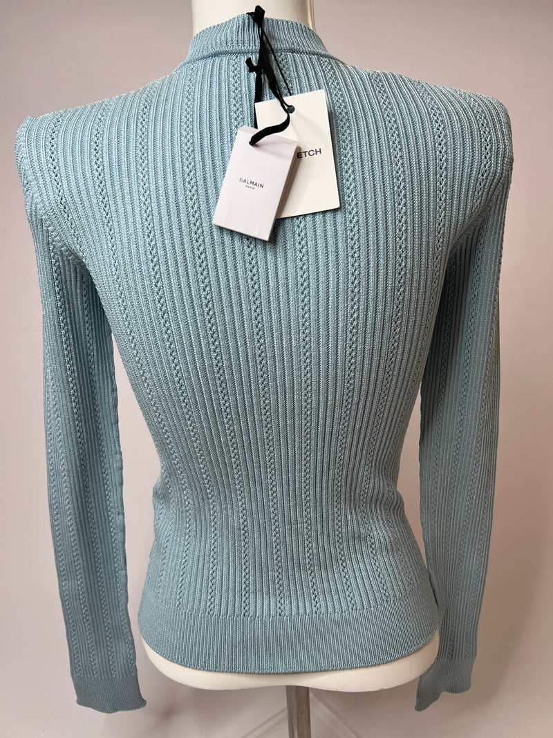 Balmain Blue Ribbed Knit Cardigan (Size 34/ UK 6)