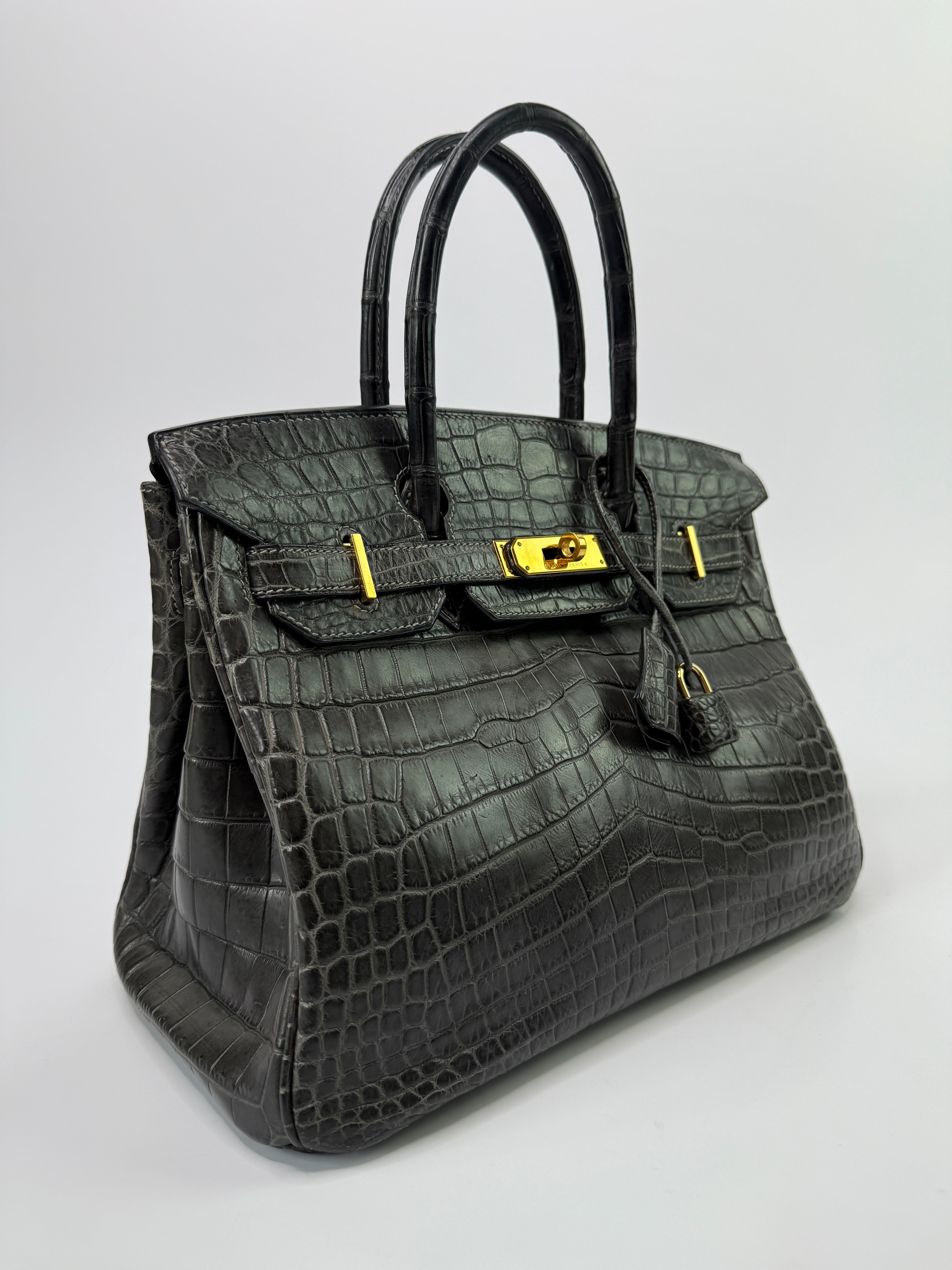 Authentic Pre Loved Hermès Birkin 30 In Matte Graphite Crocodile With Gold Hardware Excellent Condition