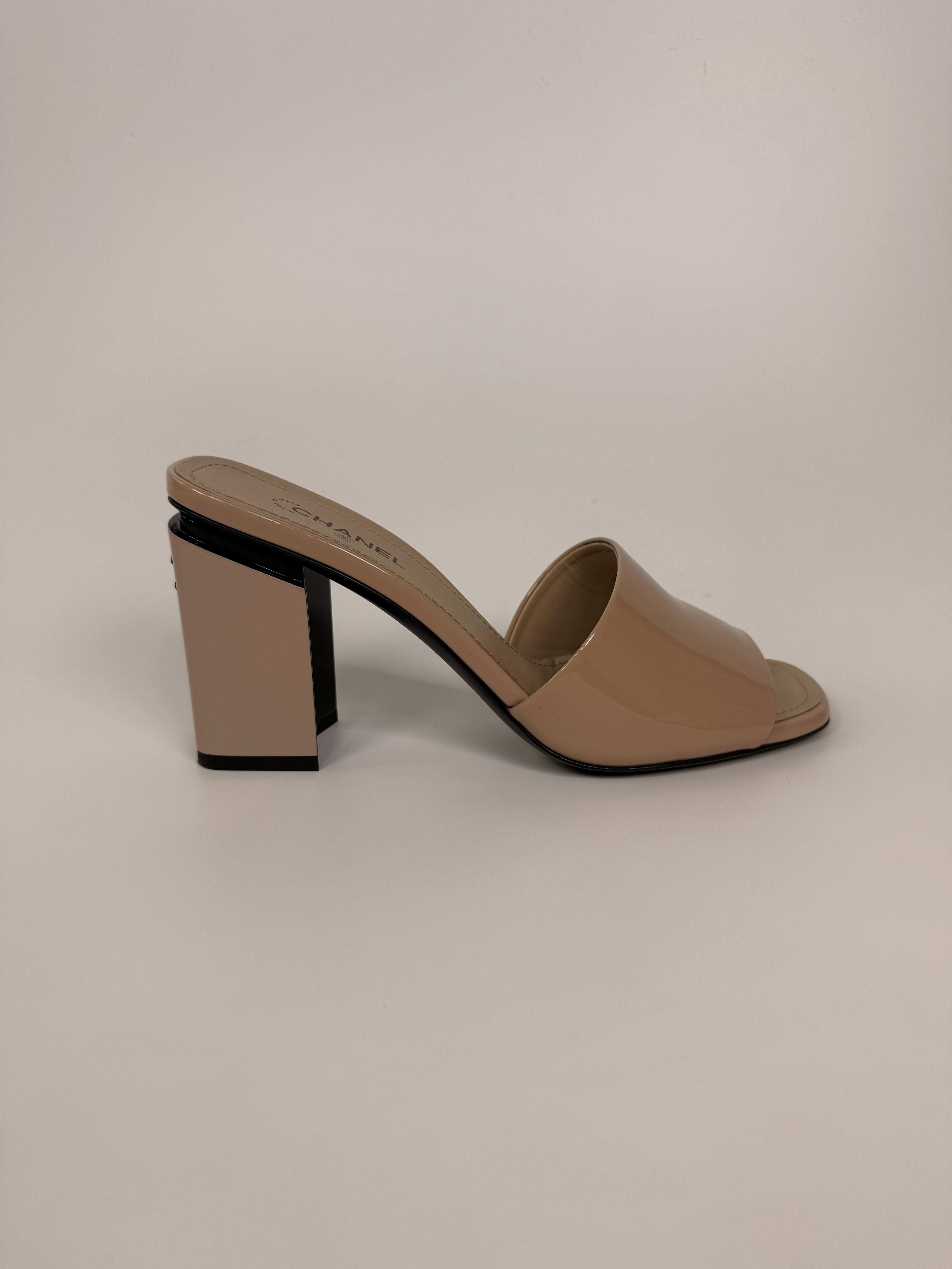 Chanel Heeled Mules In Nude Patent Leather (Size 37.5/UK4.5)