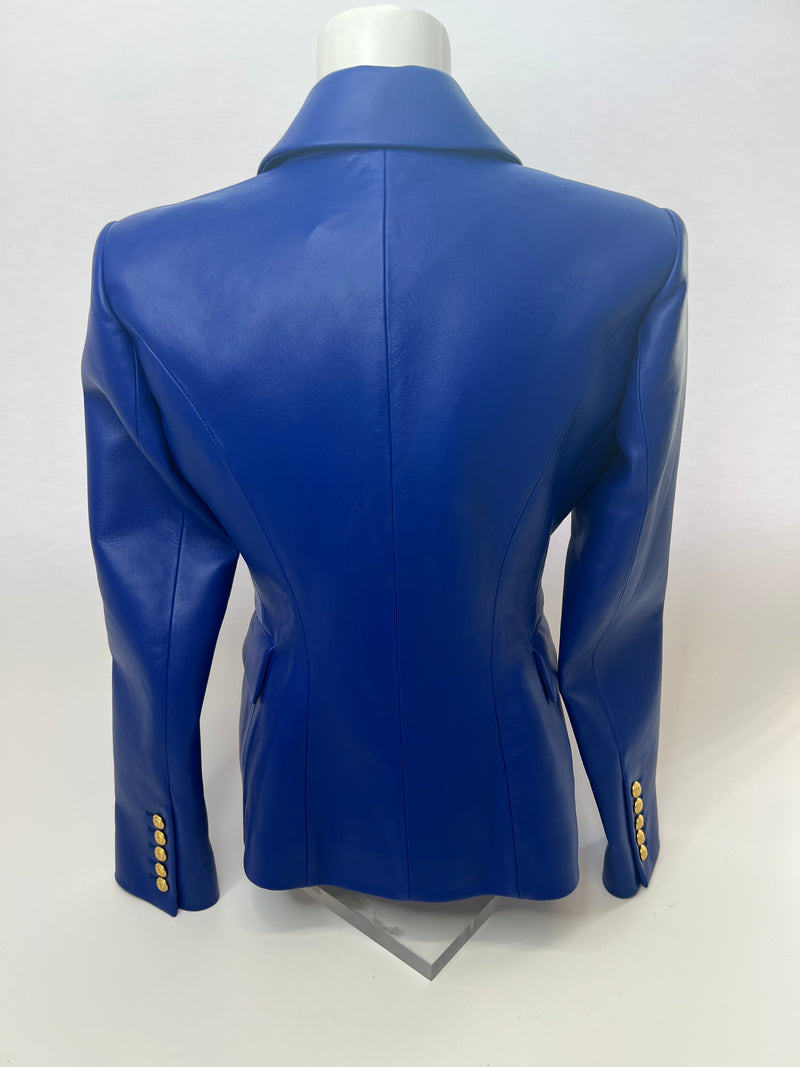 Balmain Blue Leather Double Breasted Blazer (Size FR40/ UK 10)