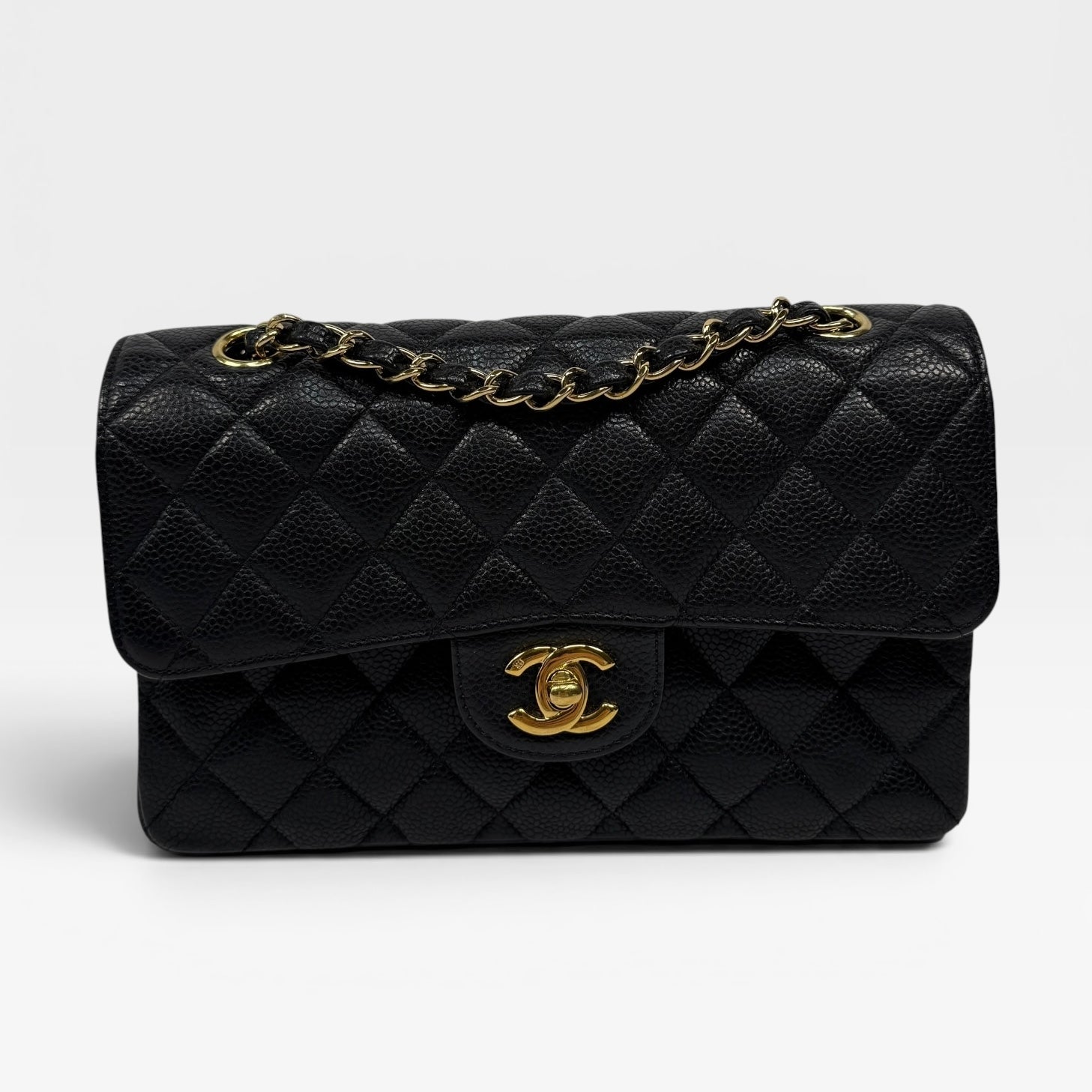 Chanel Small Vintage Classic Double Flap In Black Caviar Leather With Gold Hardware