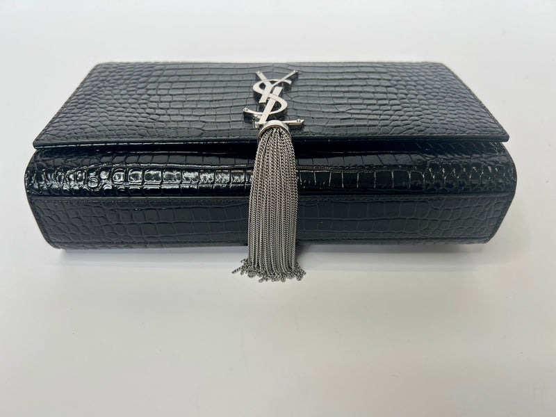 Saint Laurent Black Croc Embossed Kate Tassel Bag