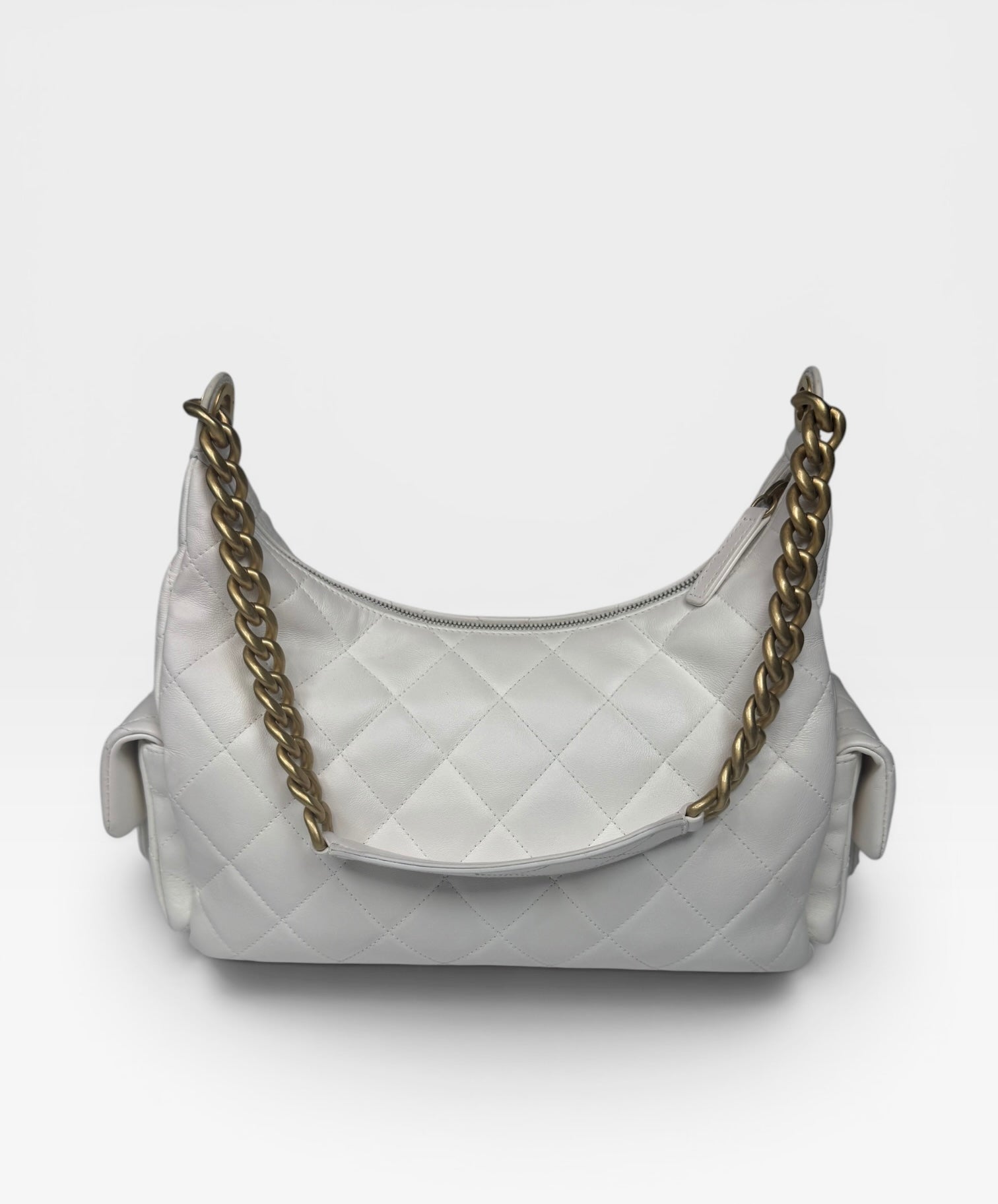 Chanel Quilted Pockets Bag In White Lambskin Leather With Gold Hardware