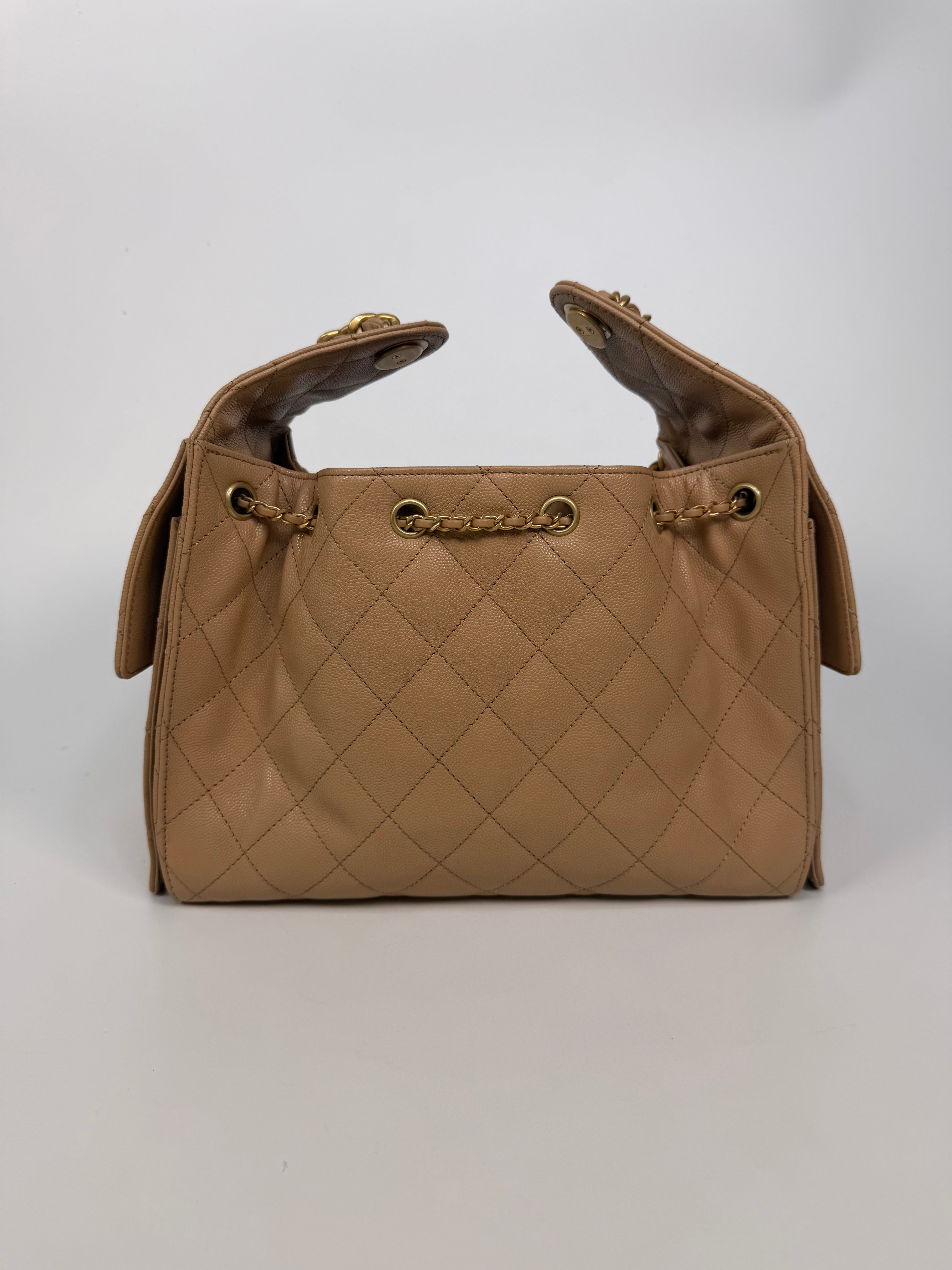 Chanel 25 Small In Beige Caviar Leather With Gold Hardware. 100% authentic and preloved in excellent condition