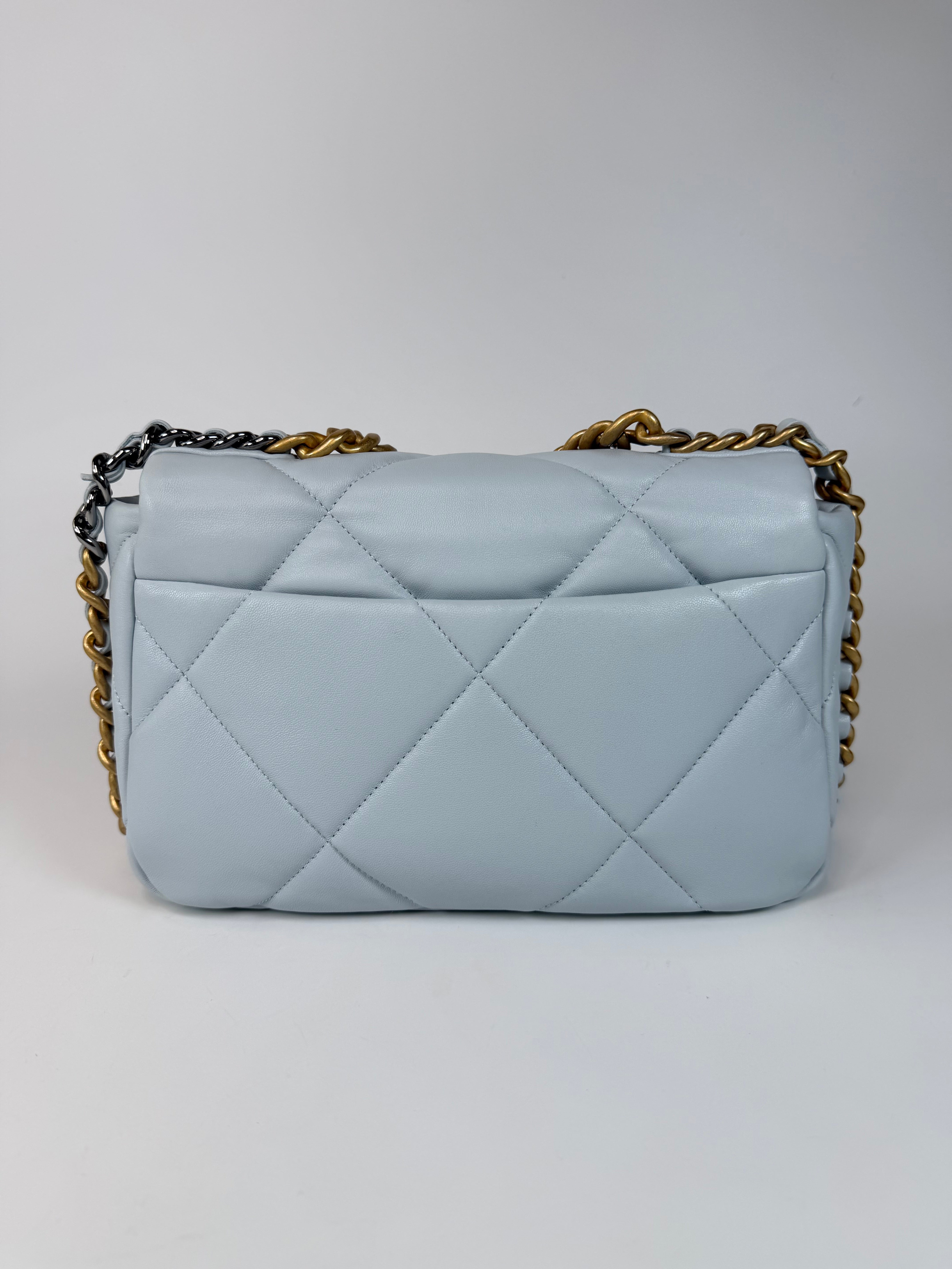 Chanel 19 Small In Blue Lambskin Leather With Mixed Hardware in new and unused condition 100% authentic and preloved