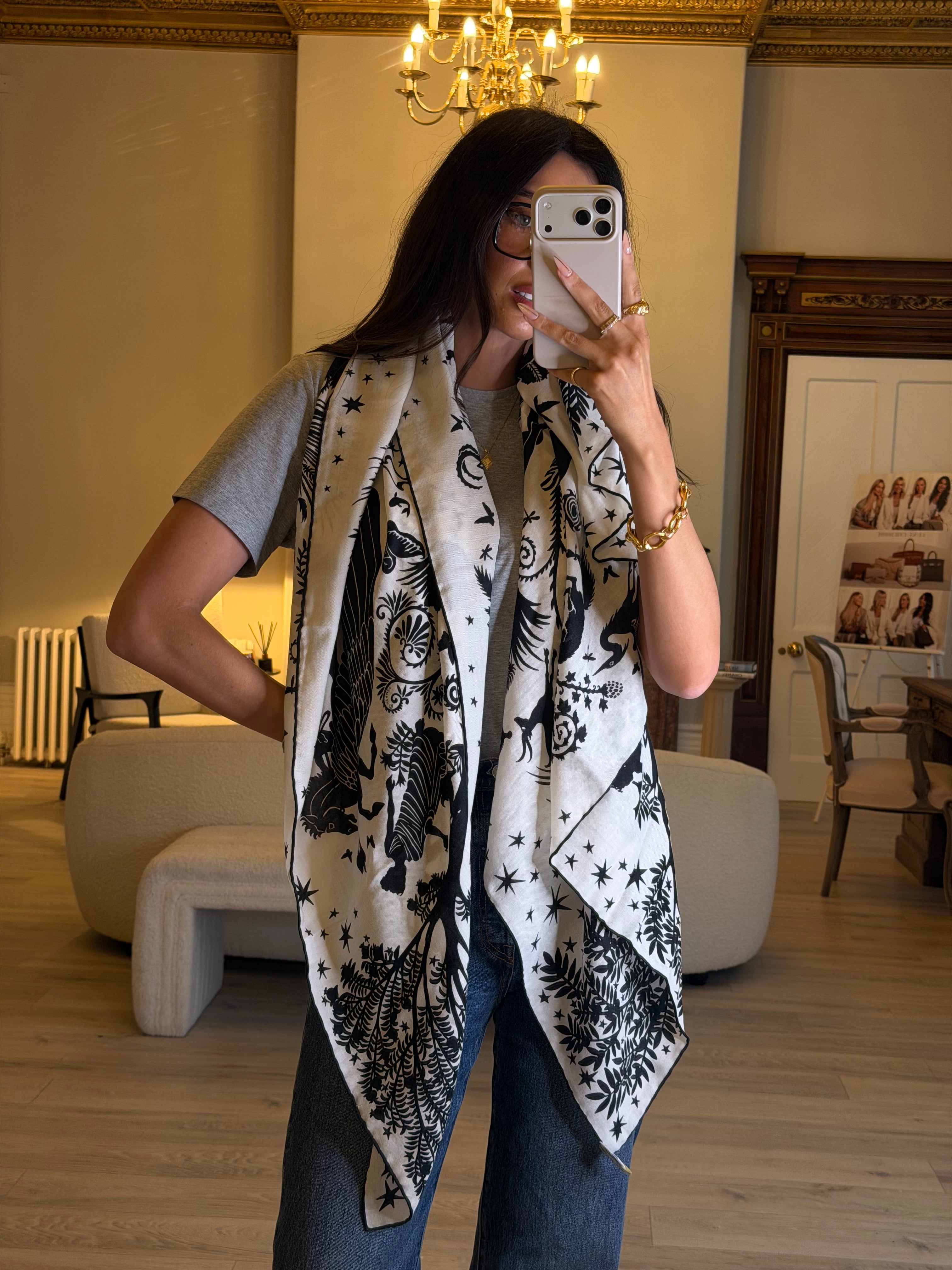 Hermès Sous le Charme d'Orphee Shawl 140 Black and White, Authentic and pre loved in new condition. 