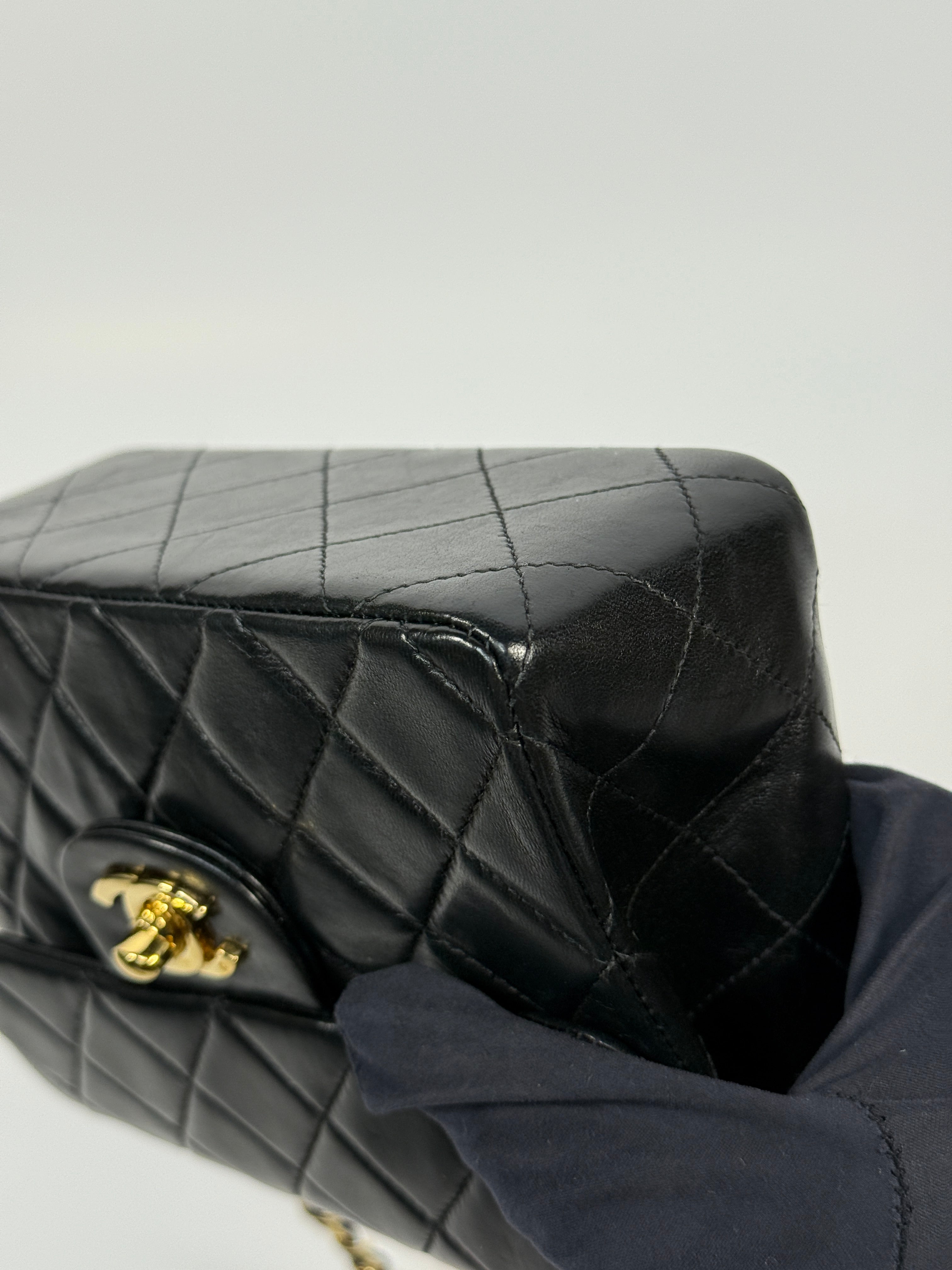 Chanel Black Square Vintage Flap Bag In Lambskin With Gold Hardware
Pre Loved & Authentic 