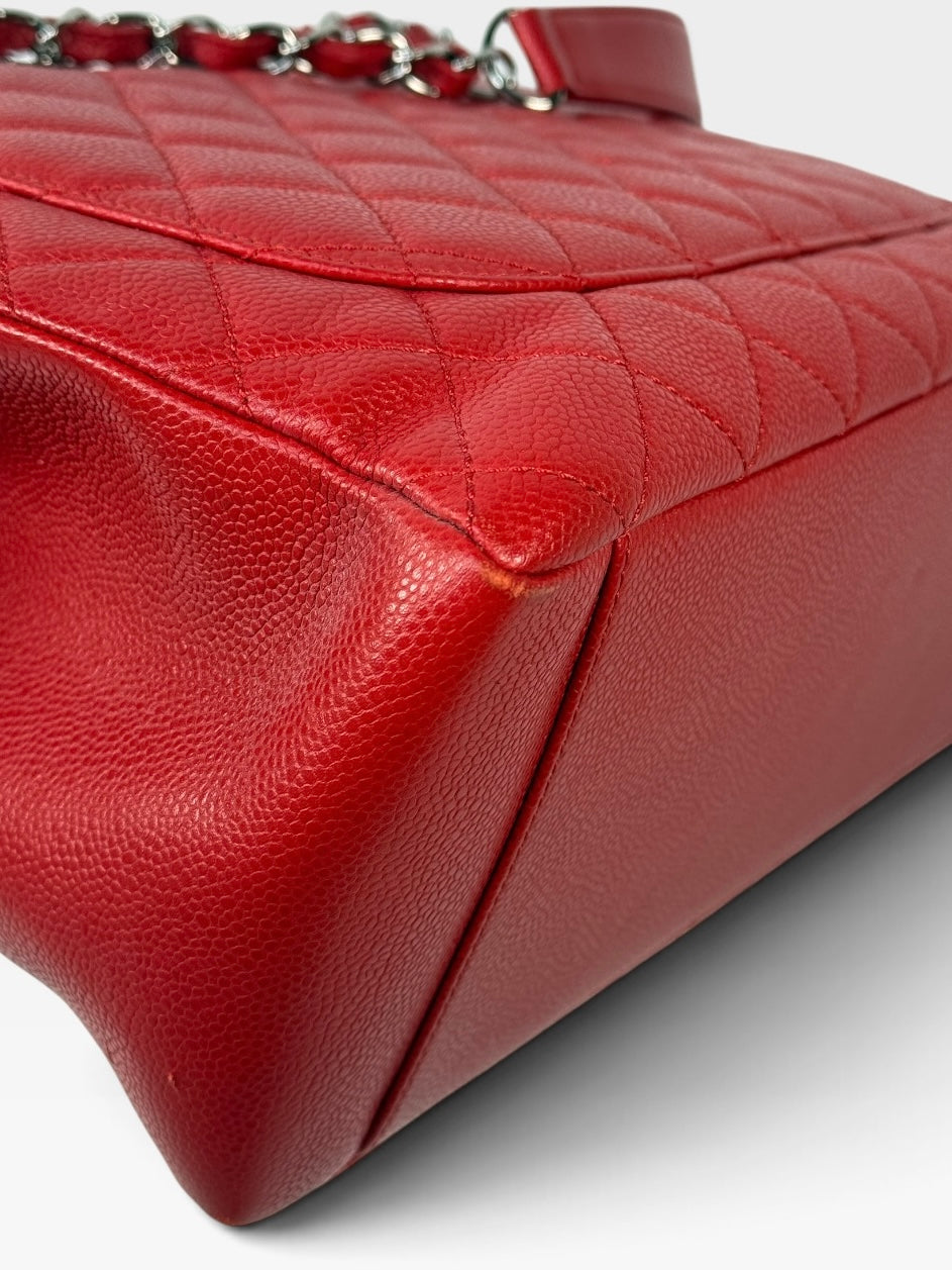 Chanel Grand Shopper Tote In Red Caviar Leather With Silver Hardware. 100% authentic and preloved in very good condition