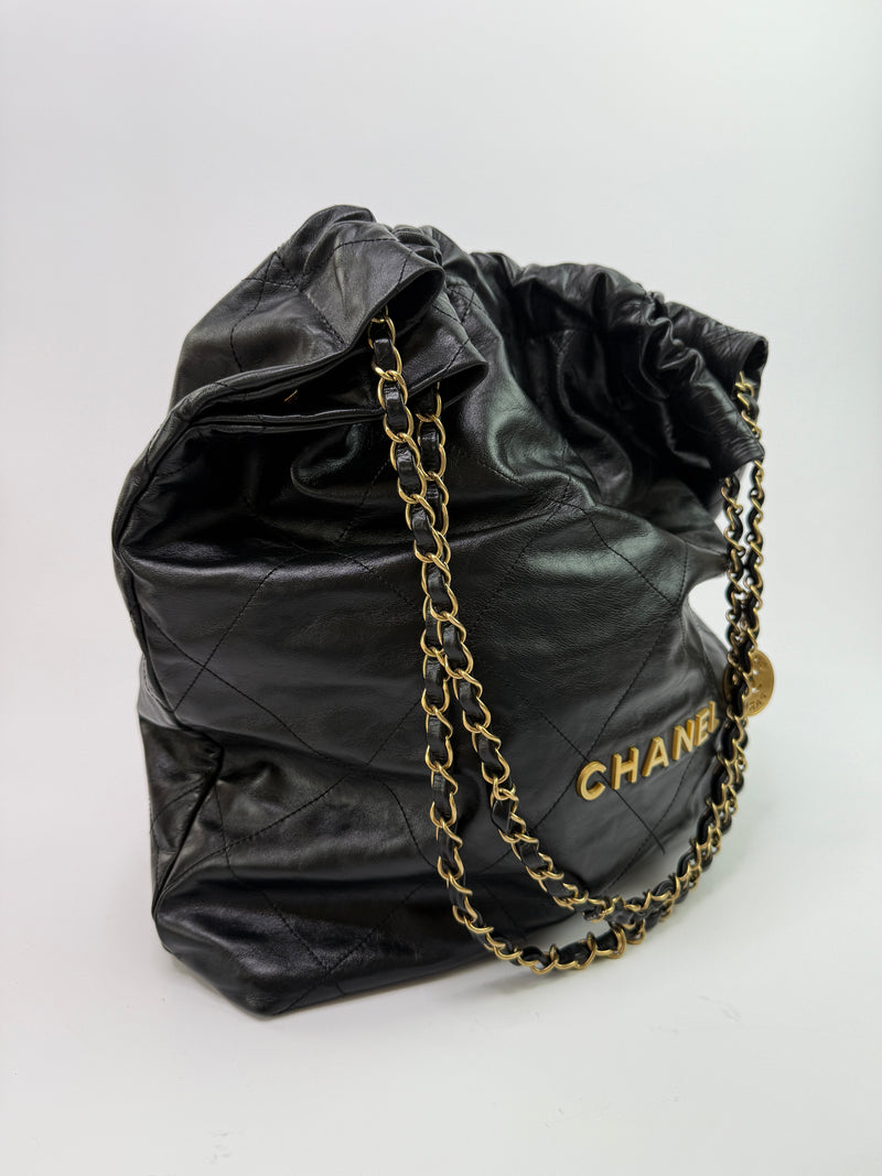 Chanel 22 Large In Black Calfskin Leather With GHW