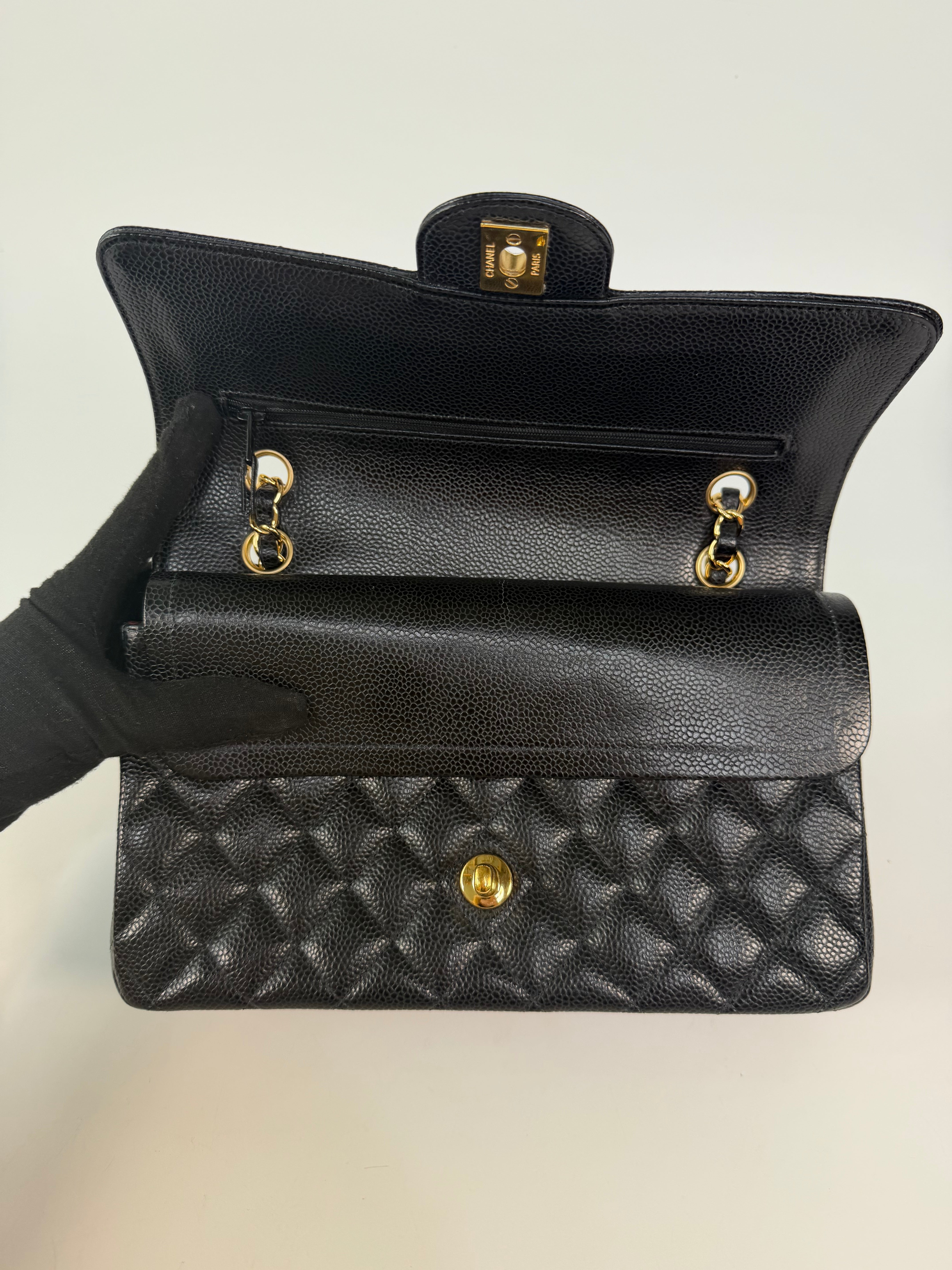 Chanel Medium Classic Double Flap In Black Caviar Leather Gold Hardware 100% authentic and preloved in excellent condition