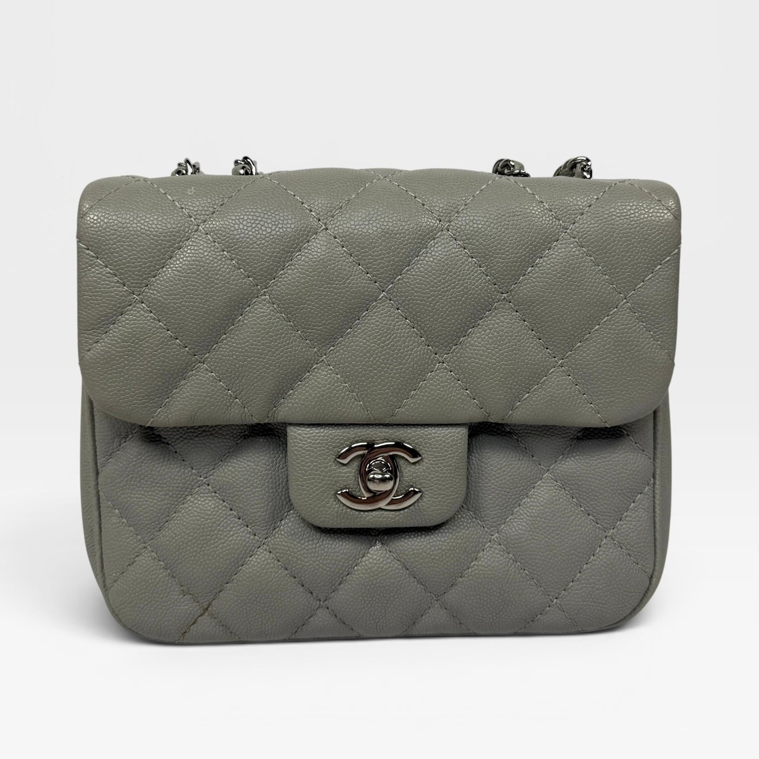 Chanel Mini Flap Bag In Glacier Grey Caviar Leather With Silver Hardware
