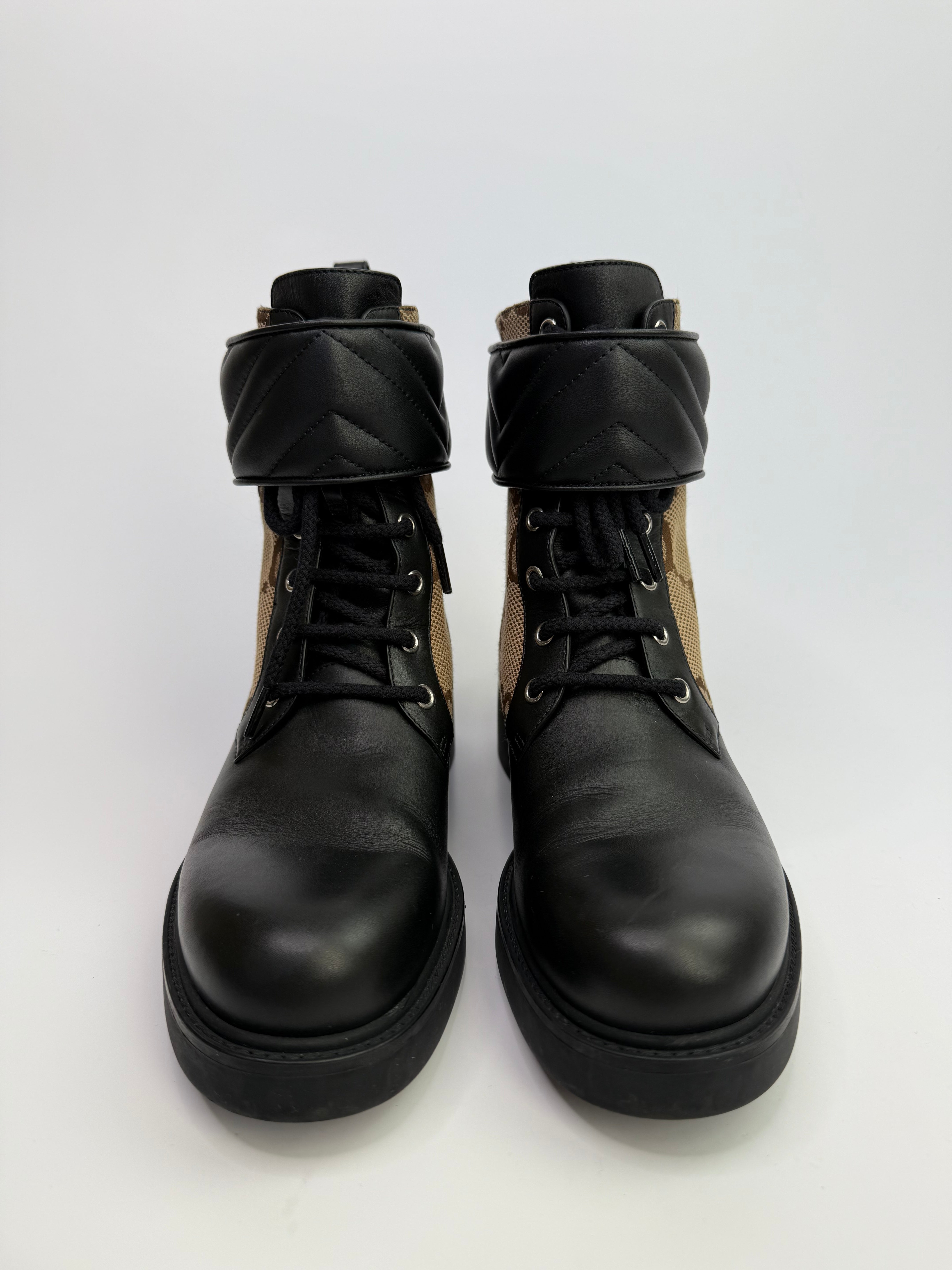 Gucci Logo Plaque Monogram Panelled Ankle Boots (Size 41/UK7). Authentic And Preloved In Excellent Condition.