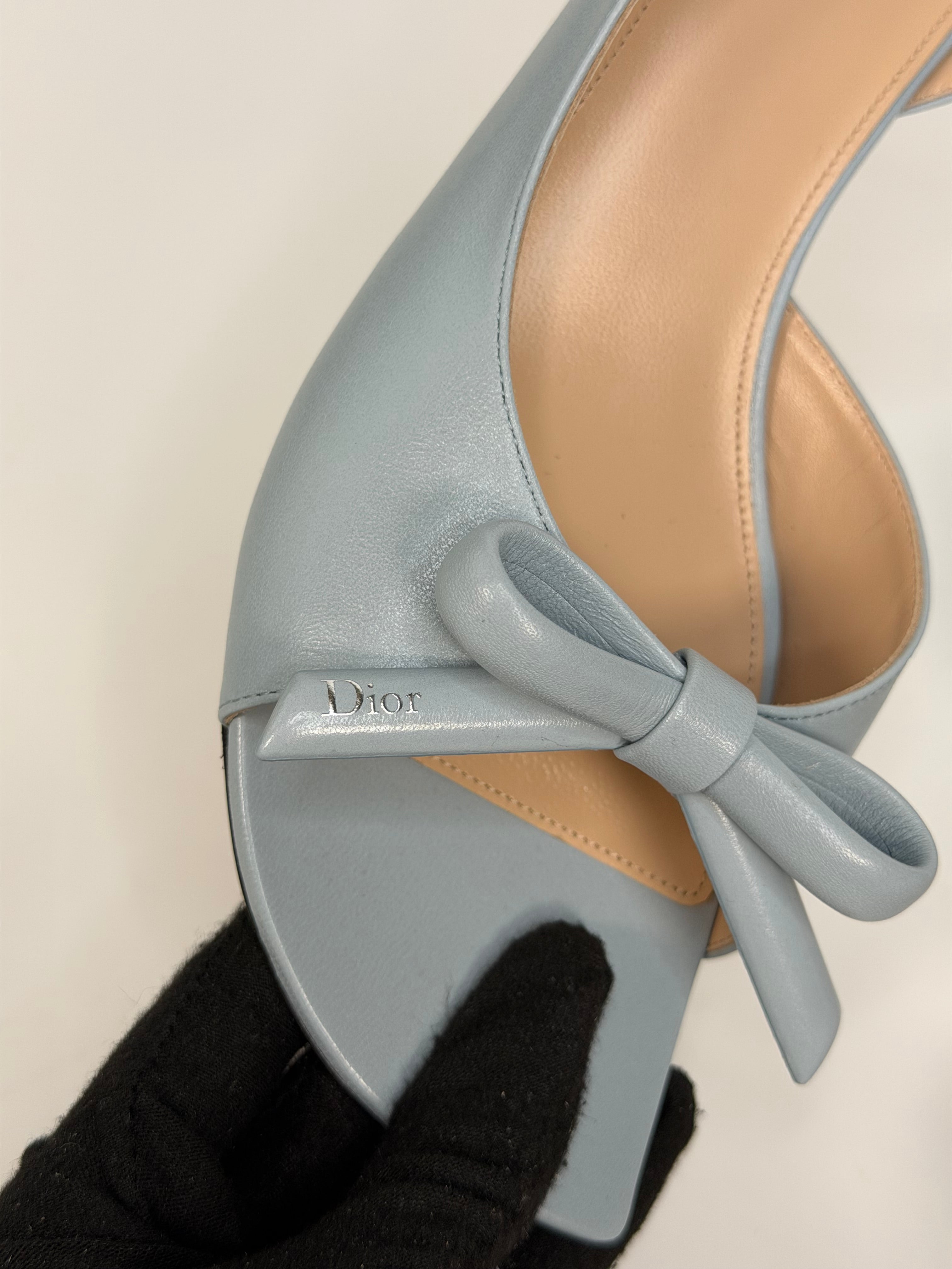 Christian Dior Bow Heeled Slingback Sandals In Blue Lambskin. Authentic and preloved in new and unused condition