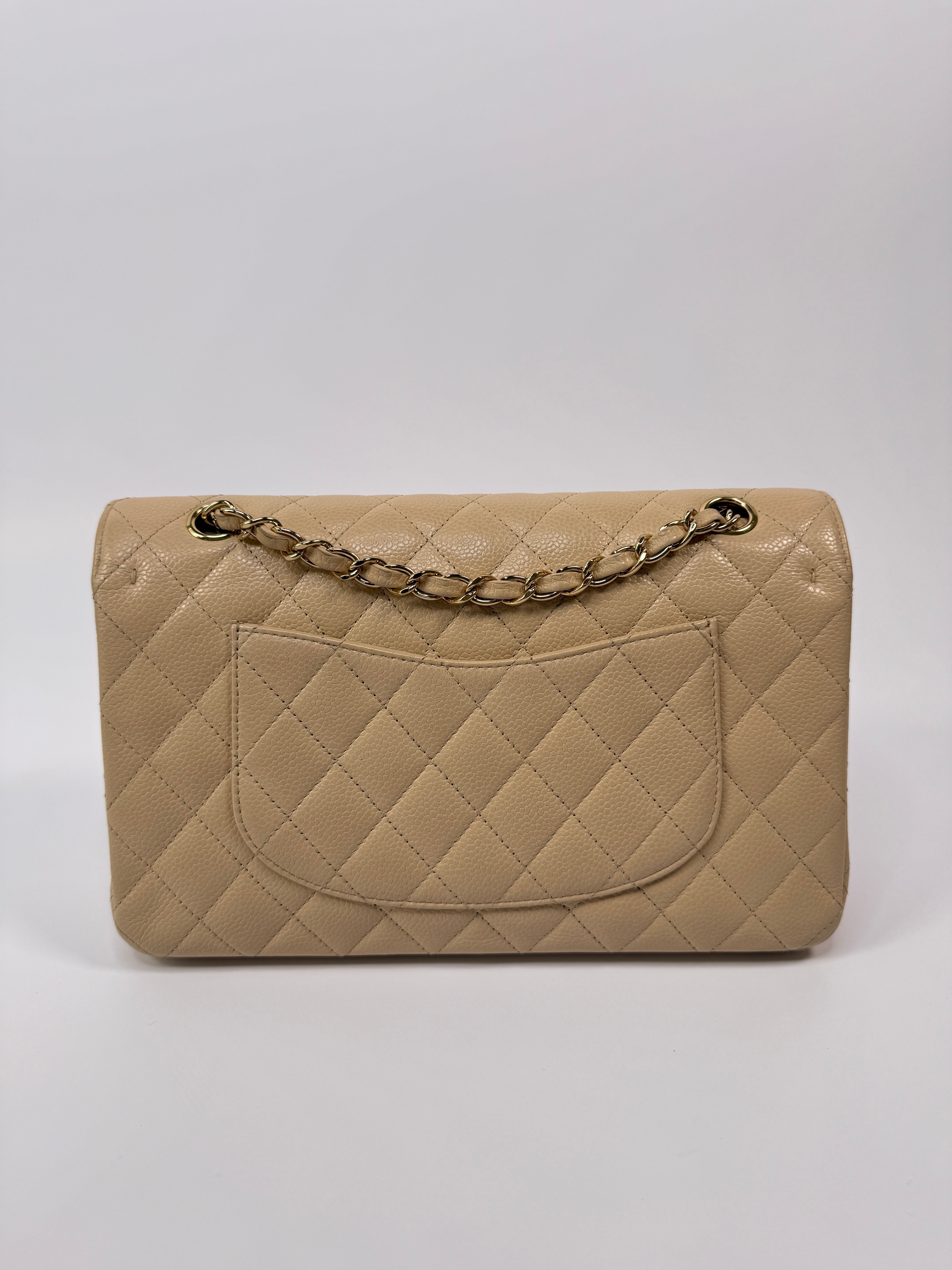 Chanel Medium Classic Double Flap Beige Caviar Leather With Gold Hardware
Pre Loved & Authentic 