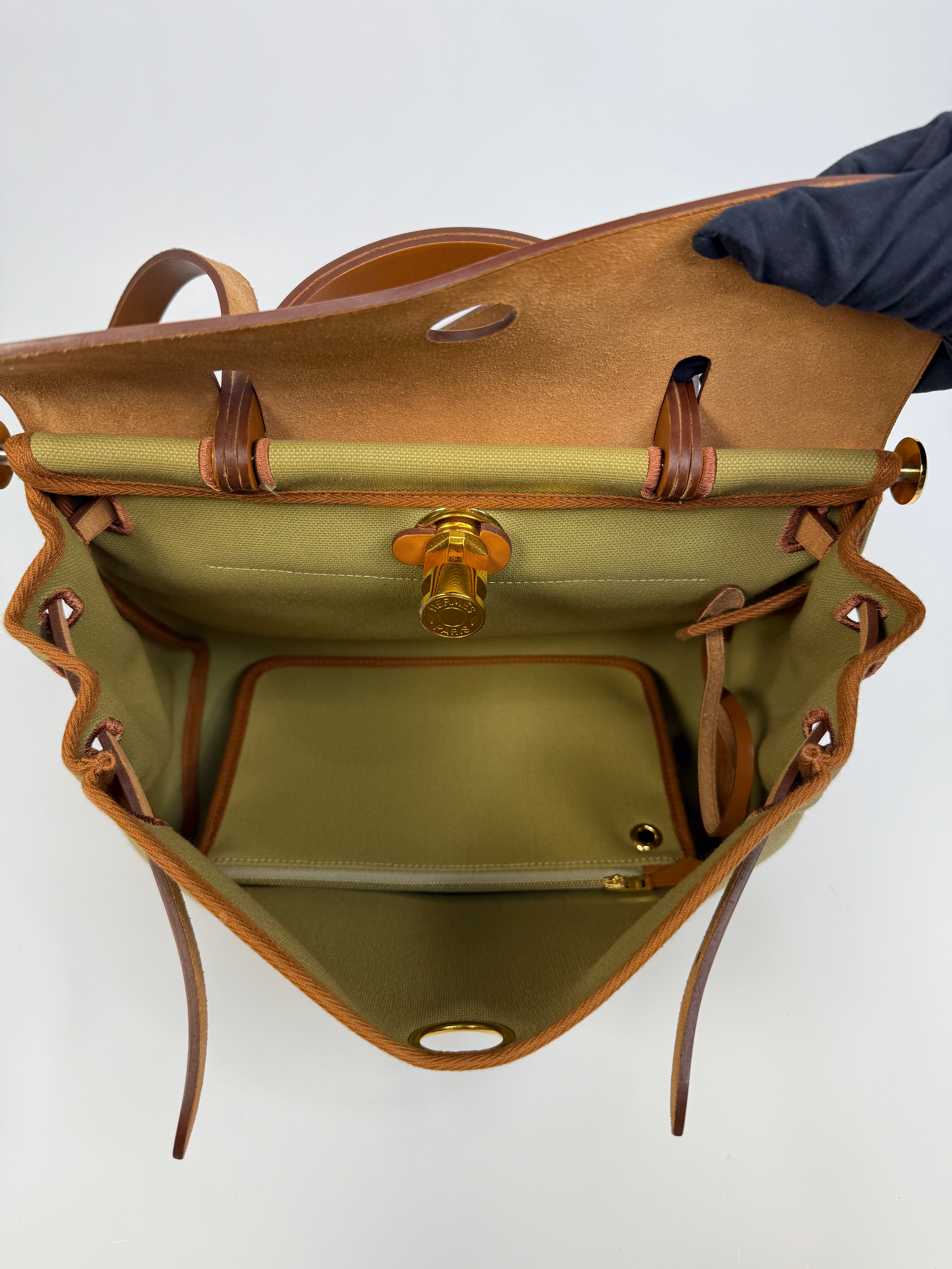 Authentic Pre Loved Hermès Herbag 31 Zip Retourne in Poussière Fauve with Gold Hardware Excellent Condition