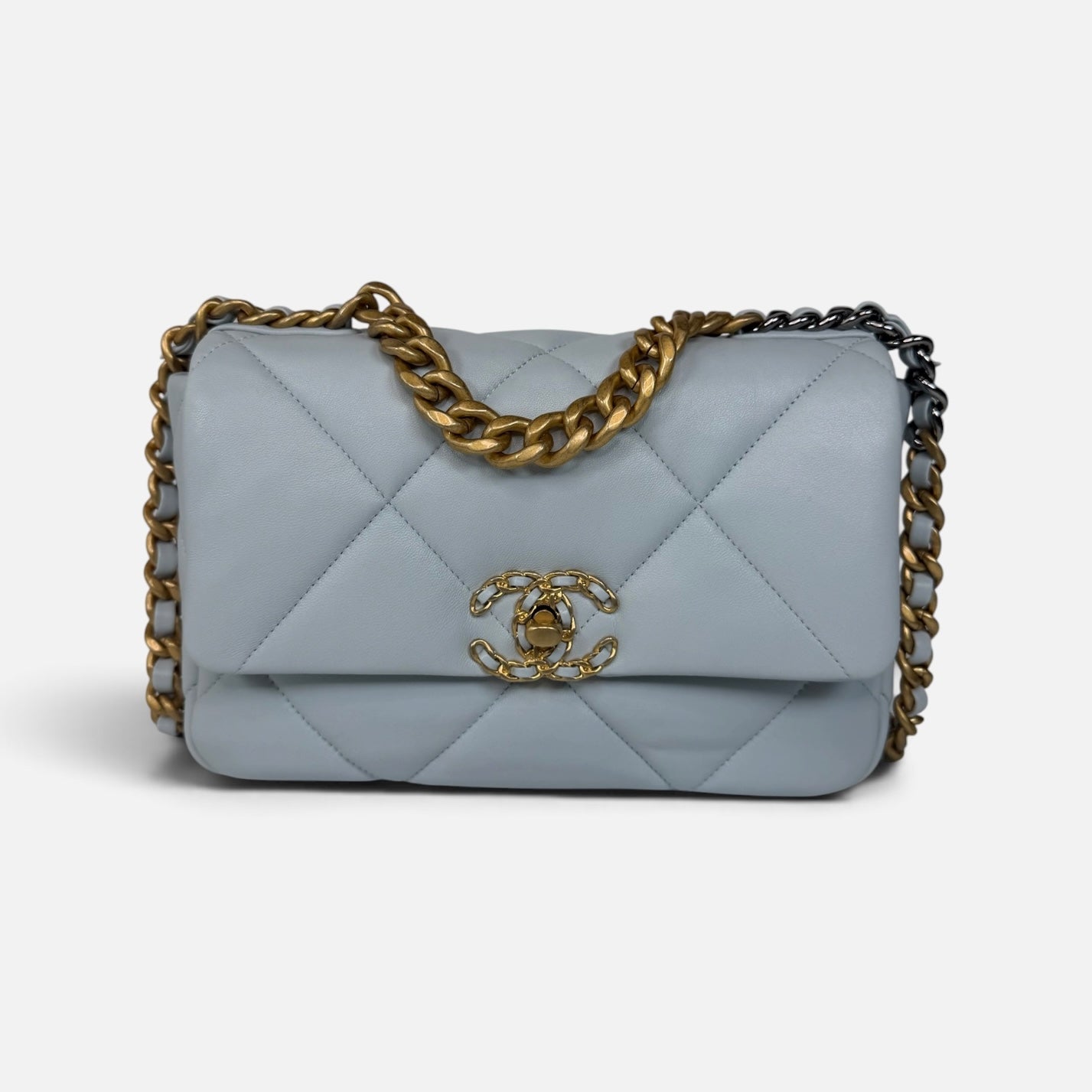 Chanel 19 Small In Blue Lambskin Leather With Mixed Hardware in new and unused condition 100% authentic and preloved