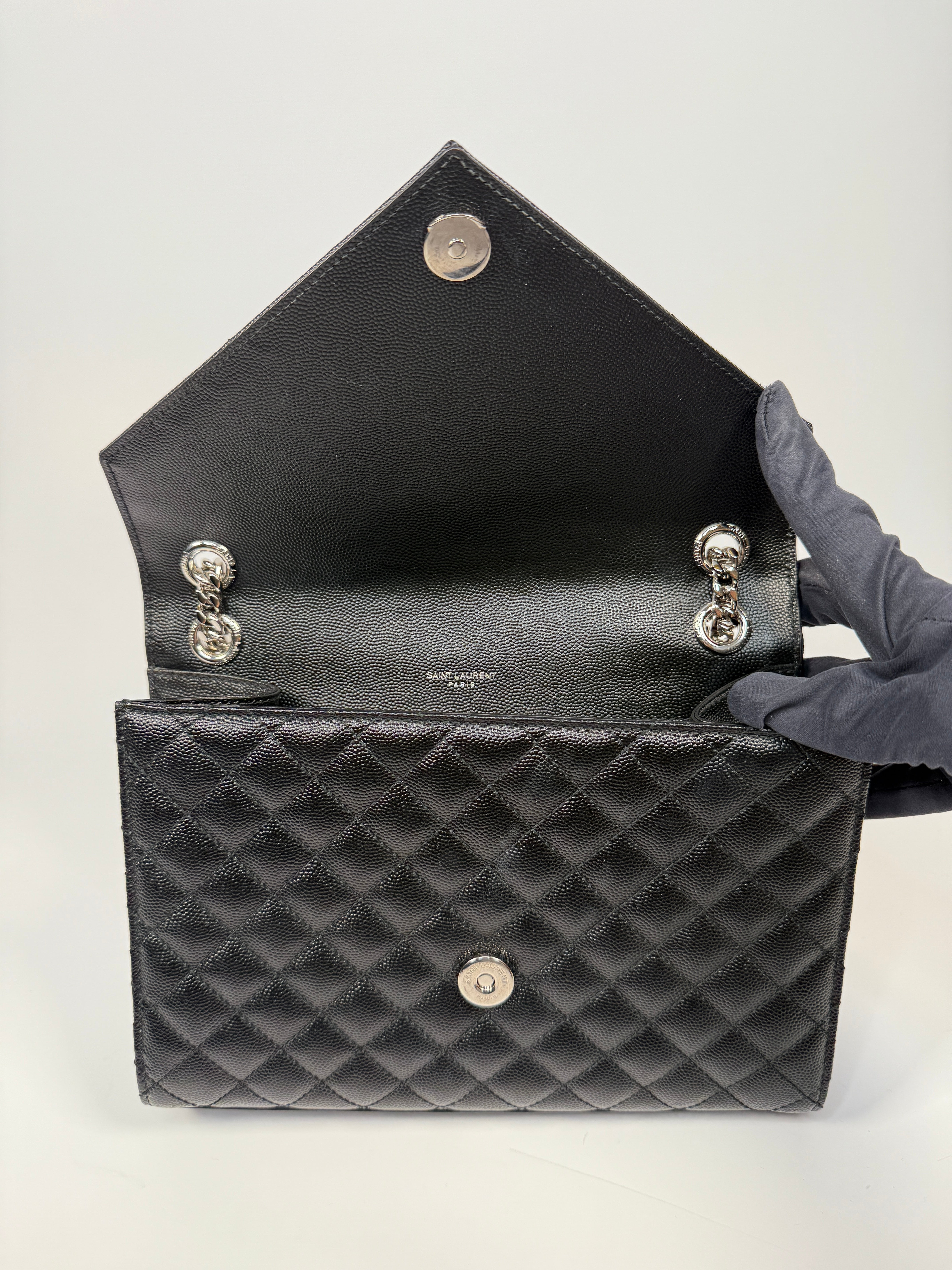 Saint Laurent Medium Envelope Bag In Blacked Grained Leather With Silver Hardware. Authentic and preloved. Excellent Condition