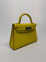 Hermés Mini Kelly ll Sellier Verso Chèvre Mysore in By Jaune Citron and Mushroom With PHW