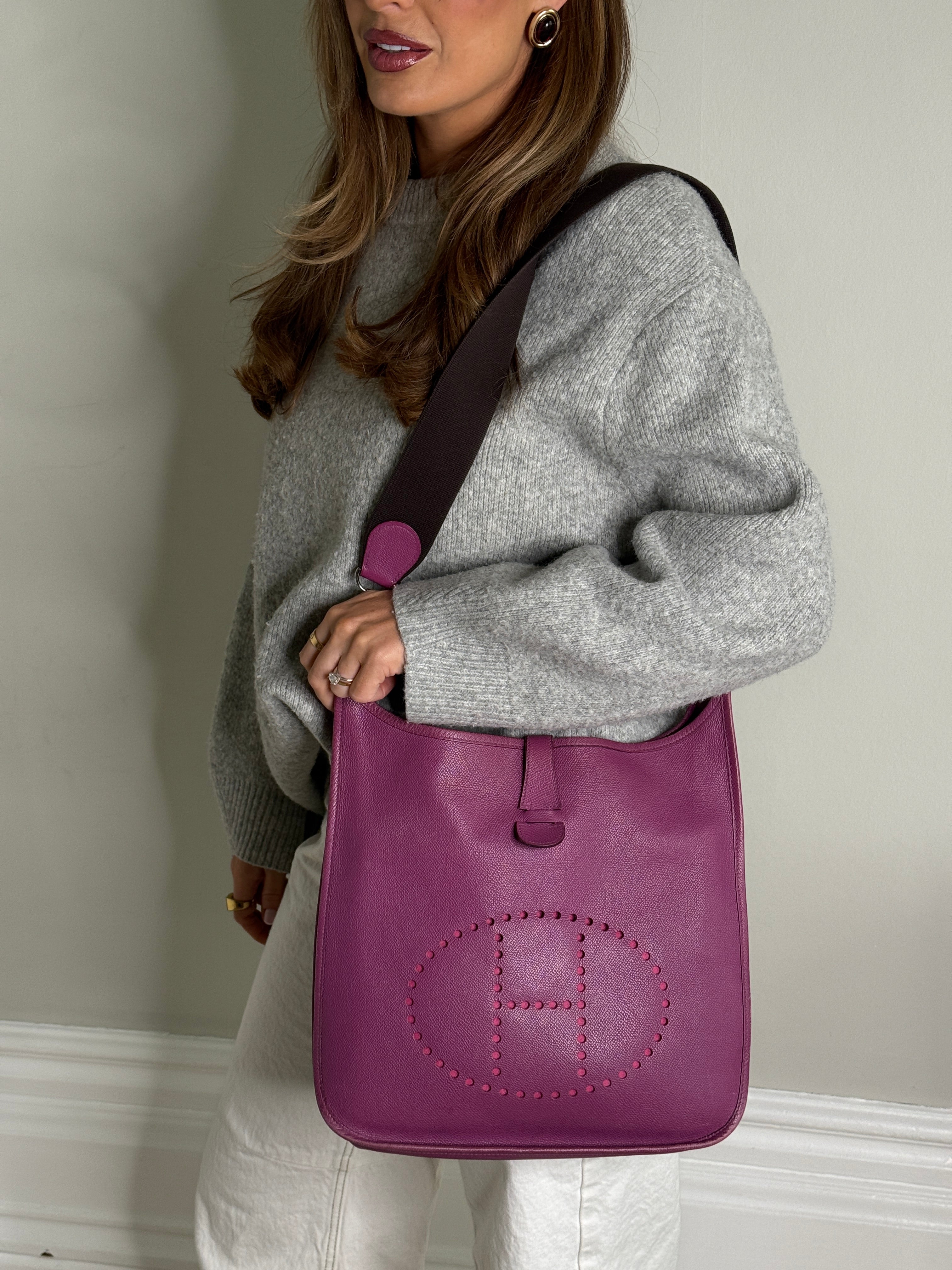 Authentic and preloved Hermès Evelyne 29 In Purple Clemence Leather With Palladium Hardware. Good Condition. 100% Authenticity Guarantee 