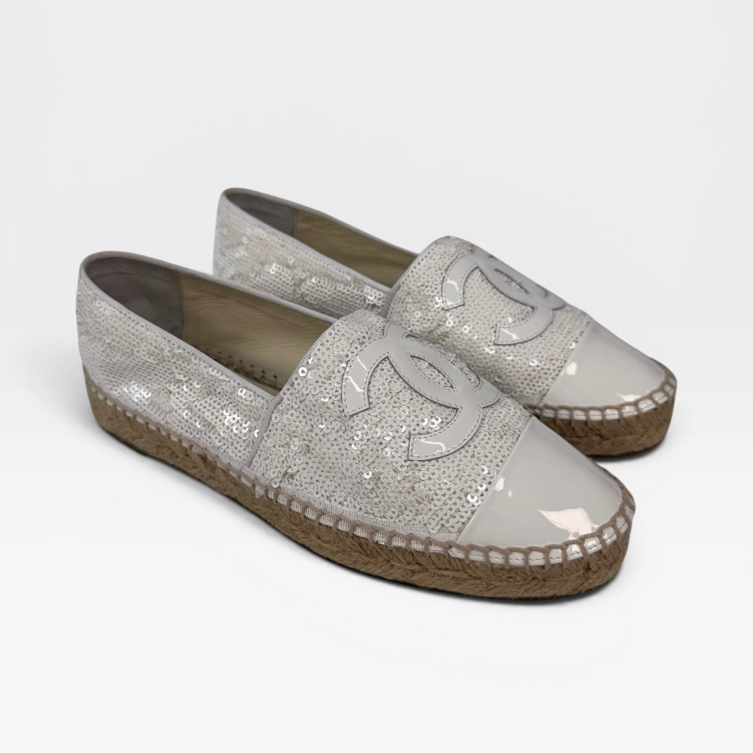 Chanel Sequin Espadrilles In White Patent Leather (Size 37/UK4) 100% authentic and preloved in excellent condition