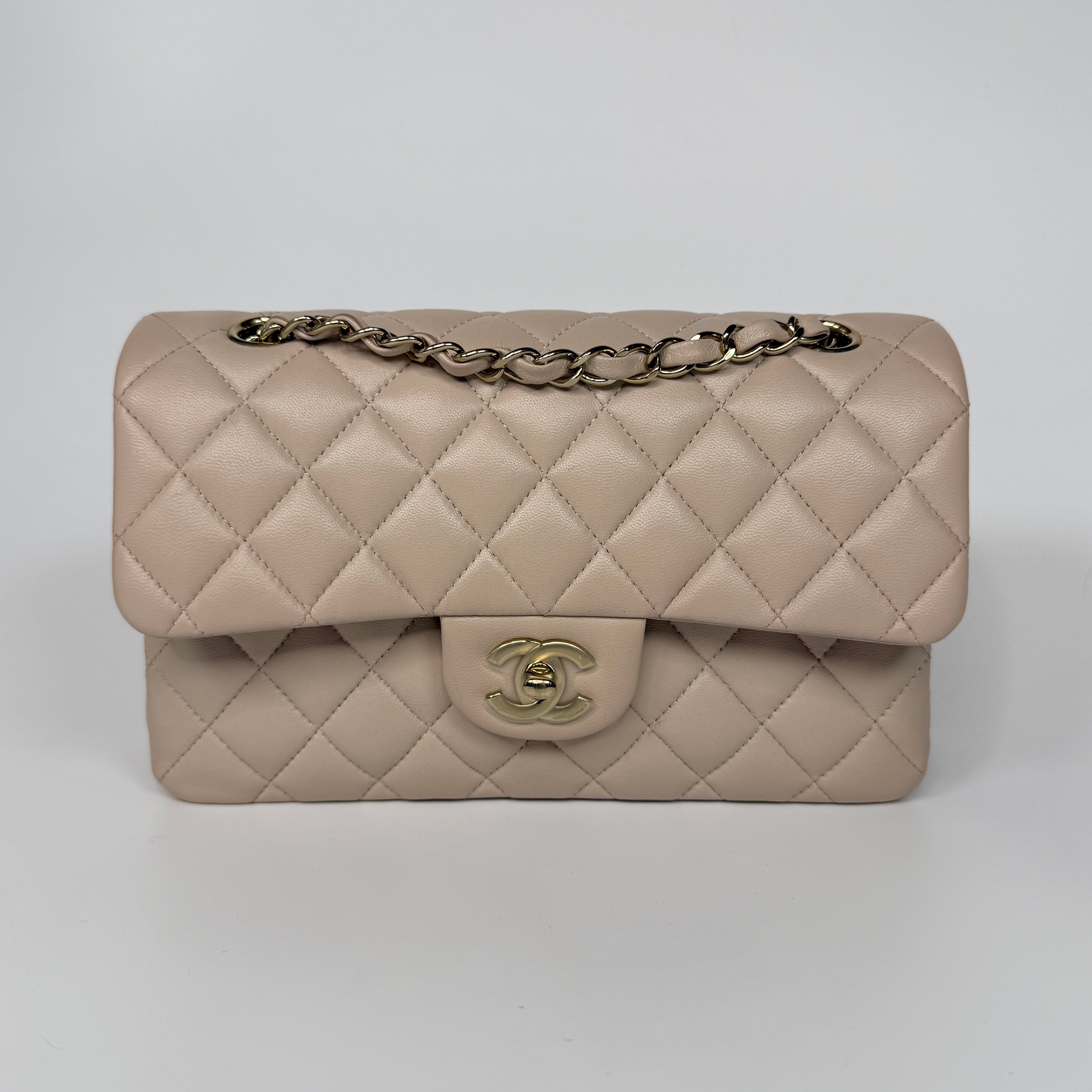 Chanel Chanel Small Classic Double Flap In Light Beige Lambskin Leather With PGHW excellent condition, verified by Luxe Cheshire. International, fast  and fully insured delivery. Trusted designer resale.