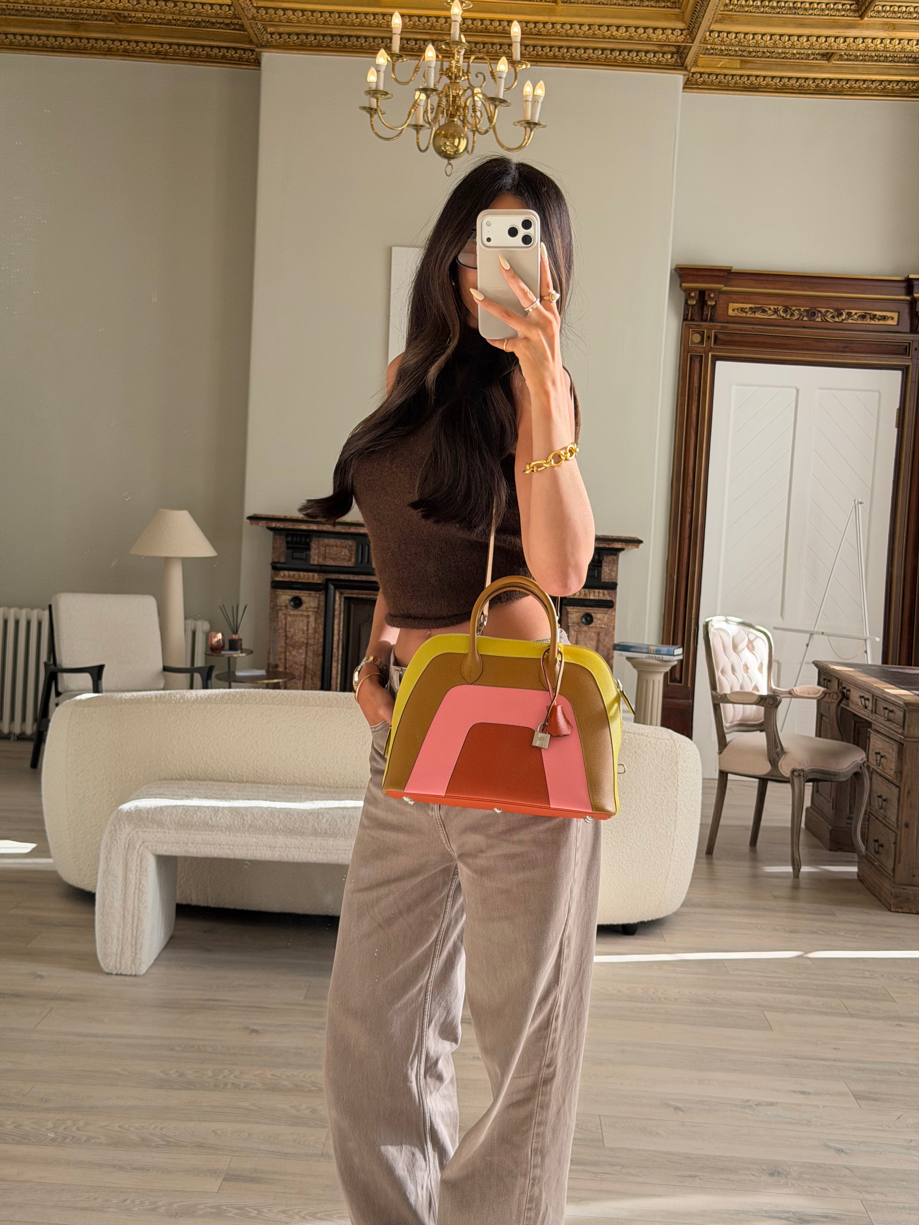 Authentic and preloved Hermès Bolide 30 Rainbow Sunrise Handbag With Palladium Hardware. 100% Authenticity Guarantee 