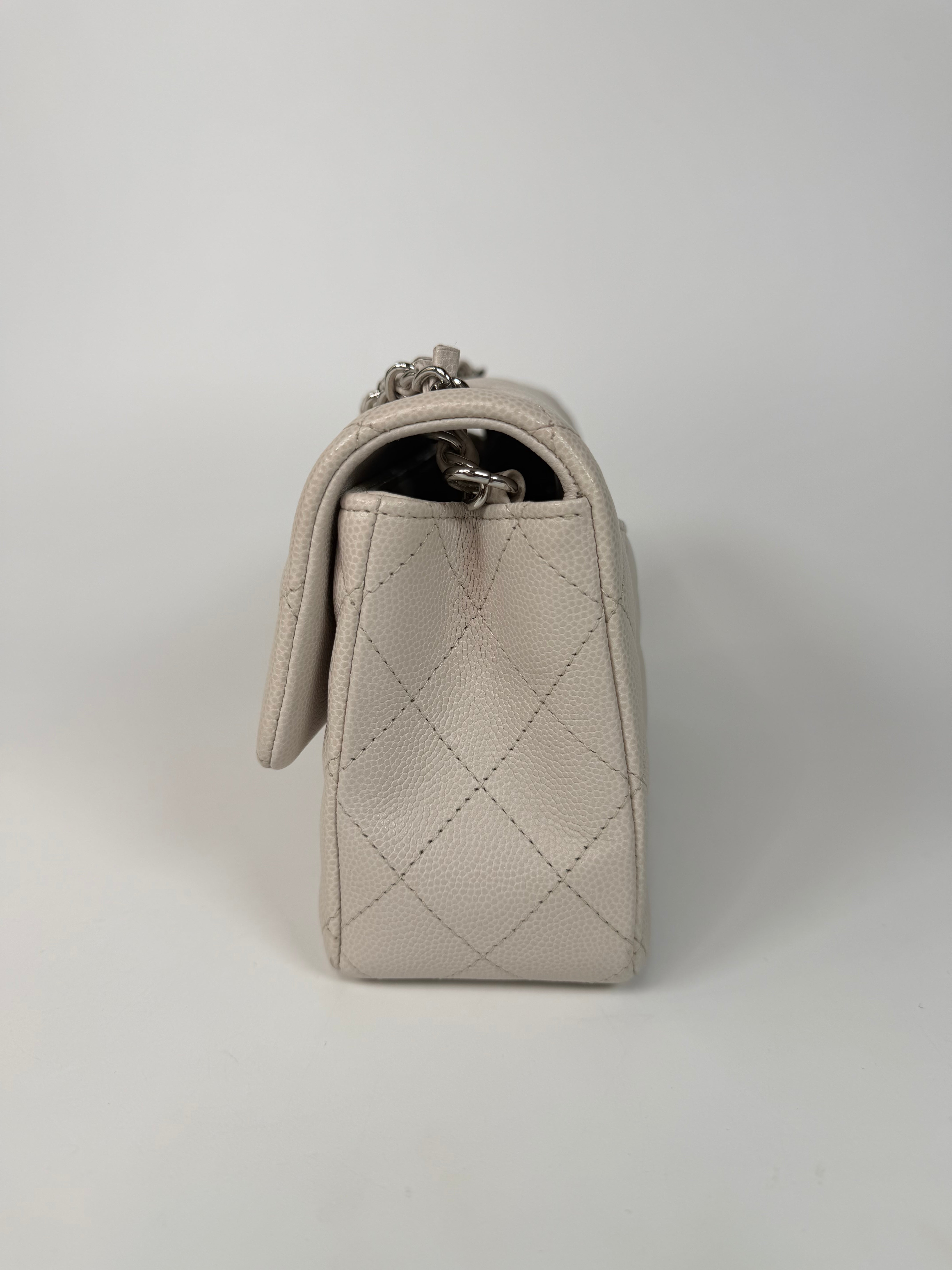 Chanel Mini Rectangle Pale Grey Caviar Leather With Silver Hardware in excellent condition 100% authentic and preloved