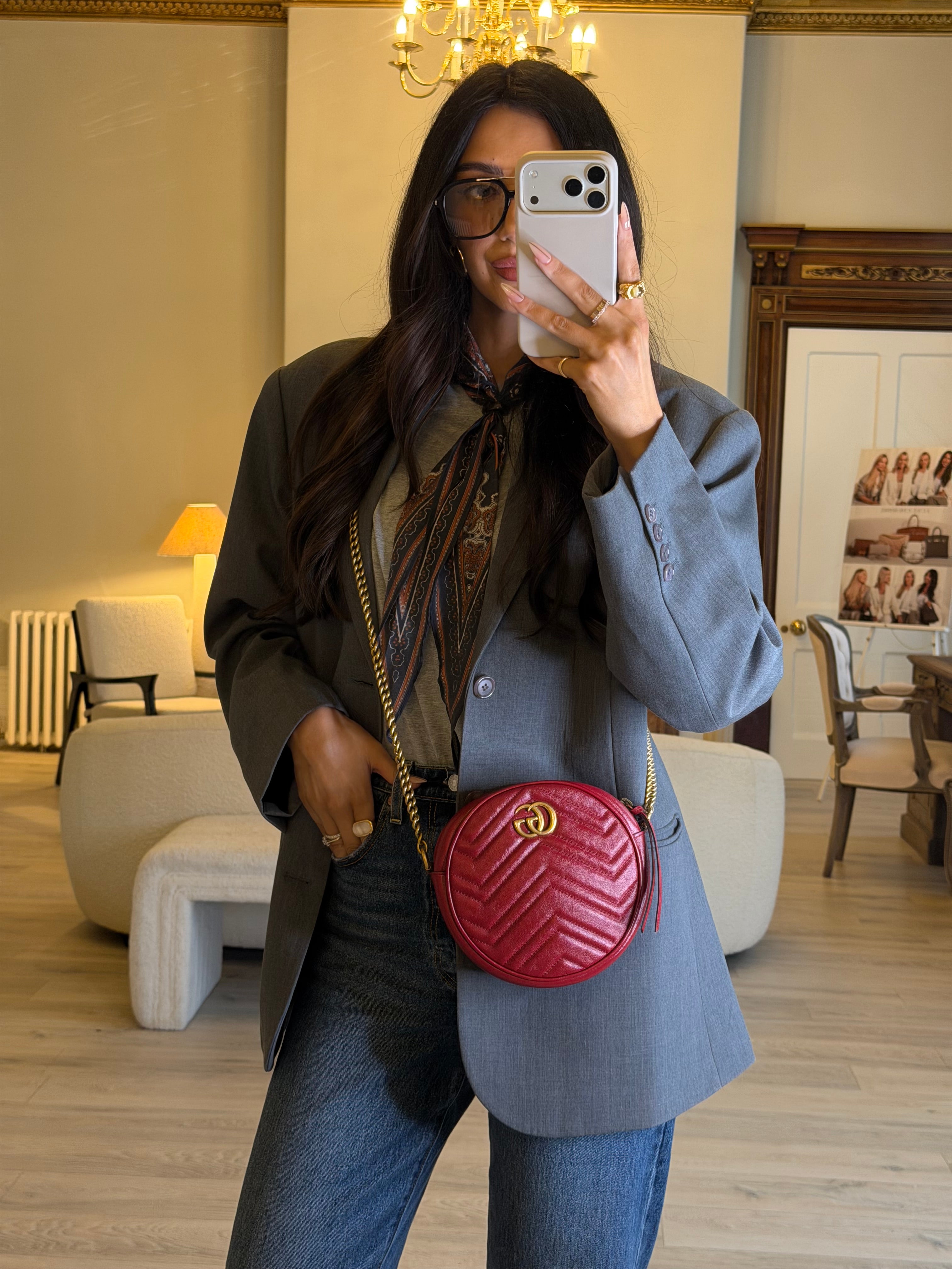 Gucci GG Marmont Round Shoulder Bag In Red Leather, very good condition. Authentic and preloved. 100% Authenticity guarantee