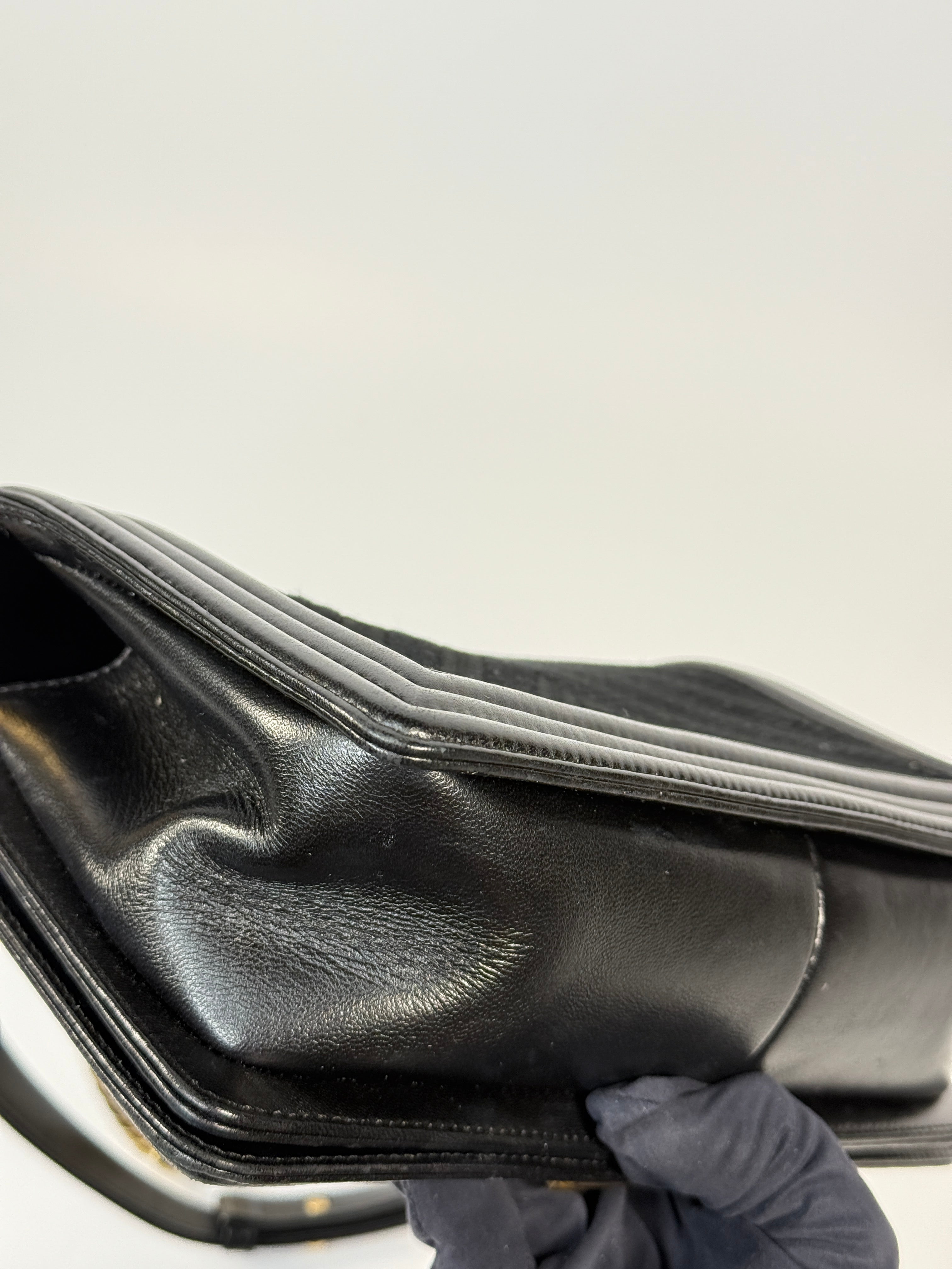 Chanel Black Chevron Fabric & Lambskin Leather Medium Boy Bag With Gold Hardware. Very Good Condition. Authentic and preloved. 