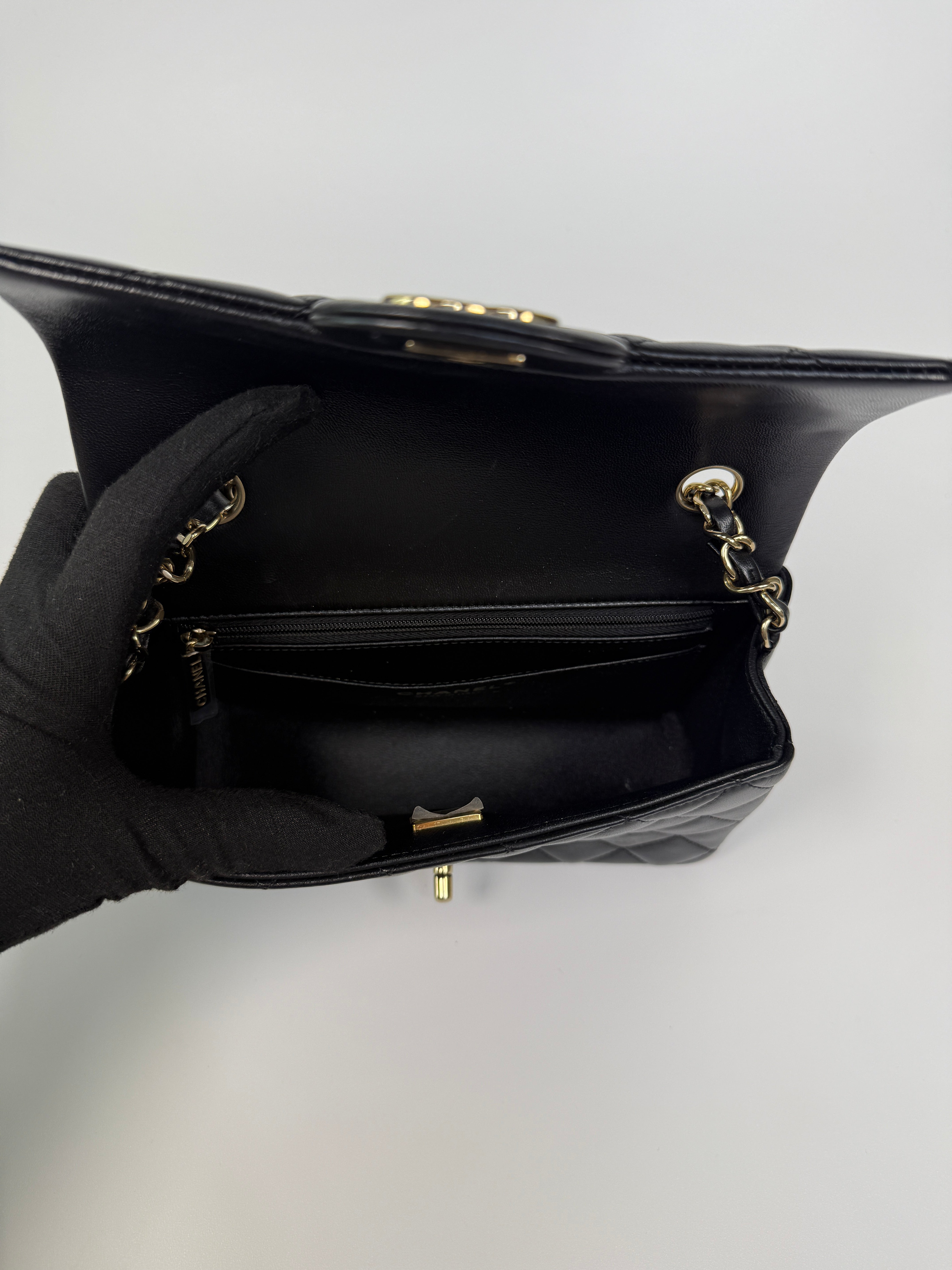 Chanel Mini Rectangle In Black Lambskin Leather With Pale Gold Hardware
