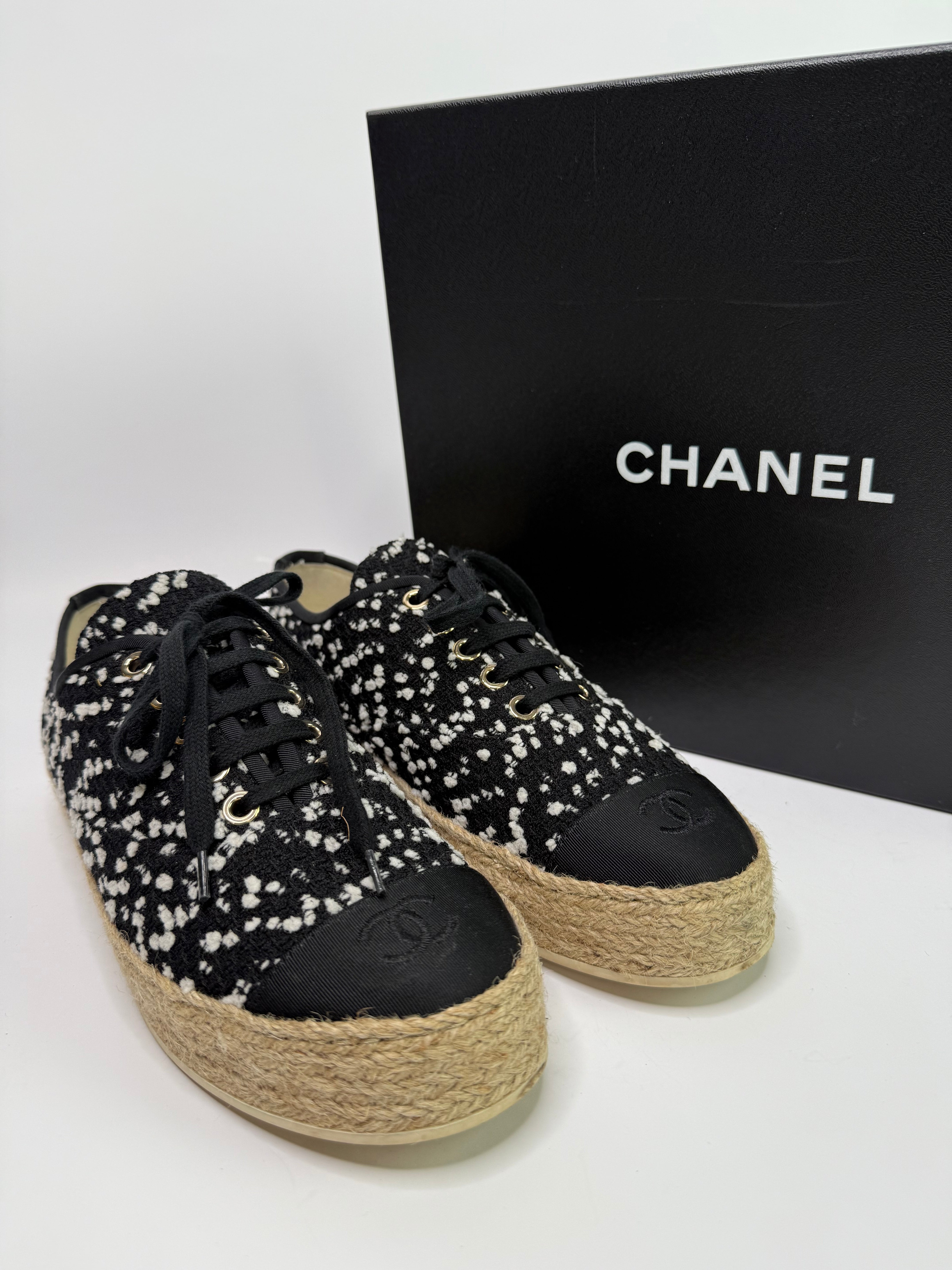 Chanel Black Tweed Espadrille Mules  (Size 38/UK 5)