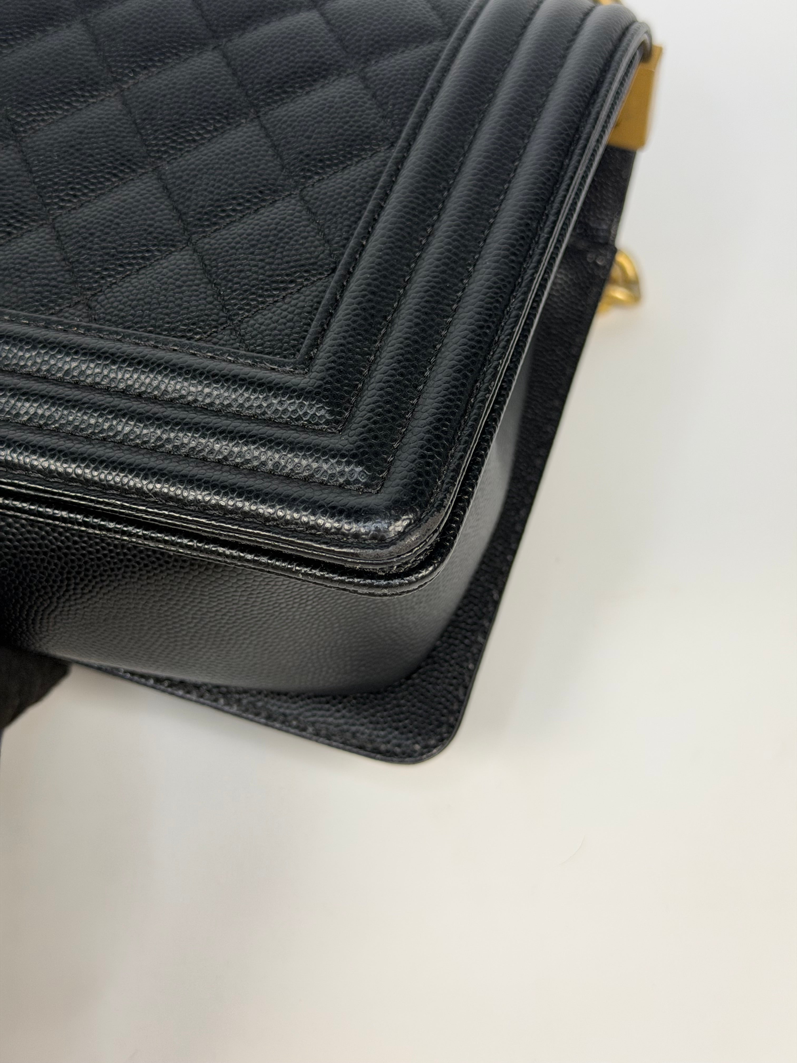  Chanel Boy Bag In Black Caviar Leather With Gold Hardware. Authentic and preloved in excellent condition. Insured next day delivery. Verified by Luxe Cheshire