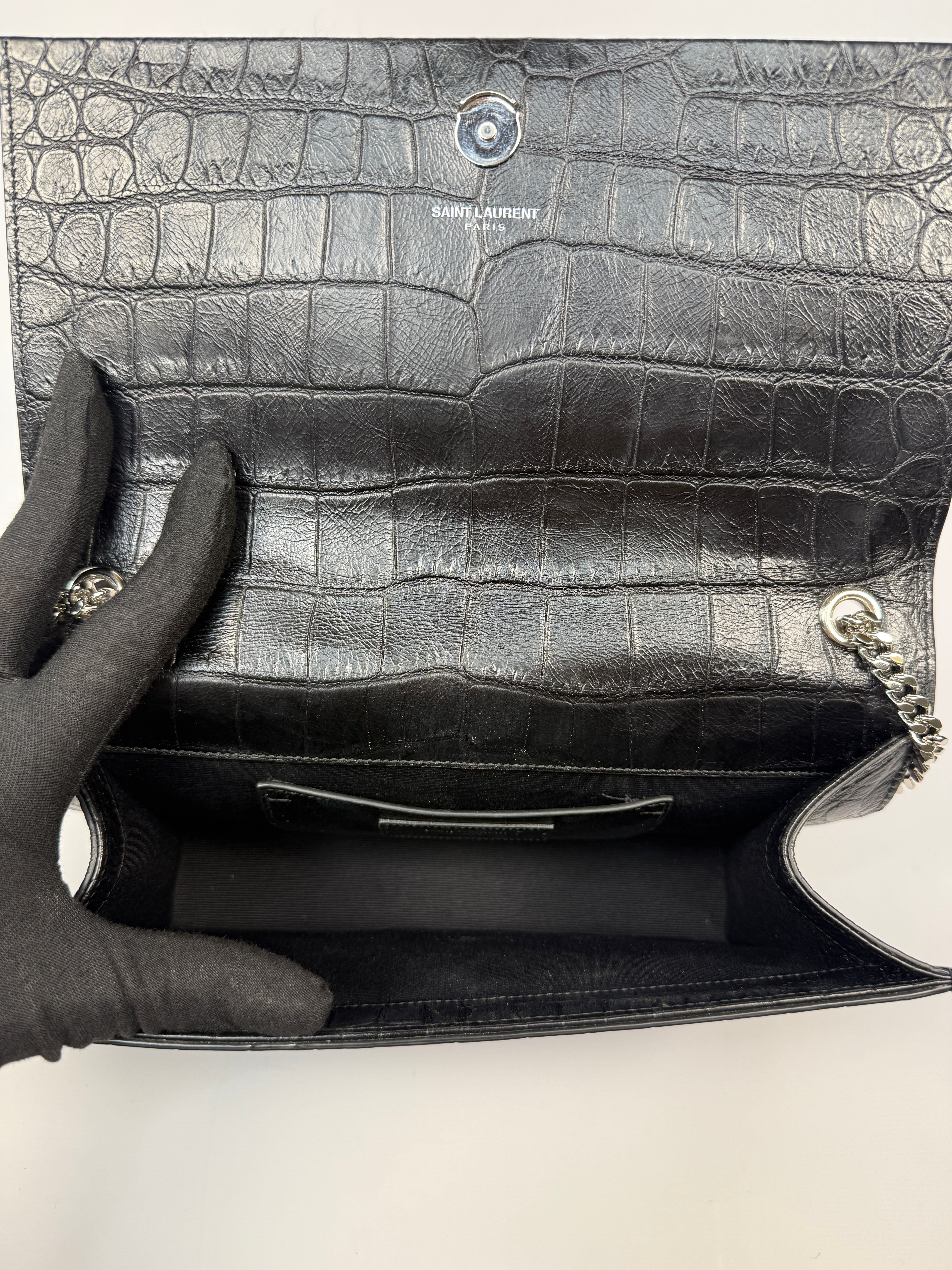 Saint Laurent Black Croc Embossed Kate Tassel Bag With Silver Hardware. Authentic and preloved in excellent condition. 