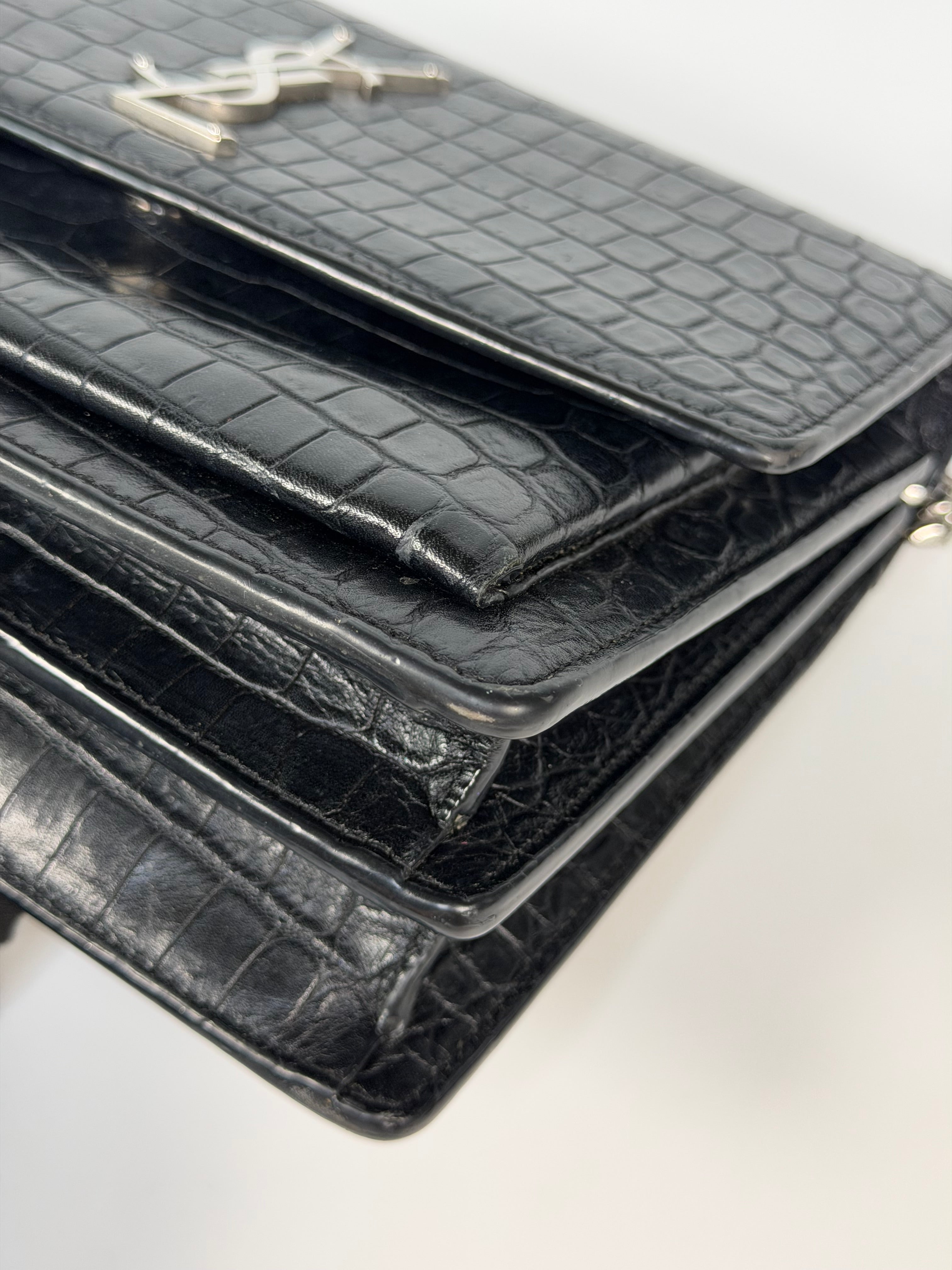 Saint Laurent Sunset Bag In Noir Croc Embossed Leather Silver Hardware. 100% authentic and preloved in very good condition.