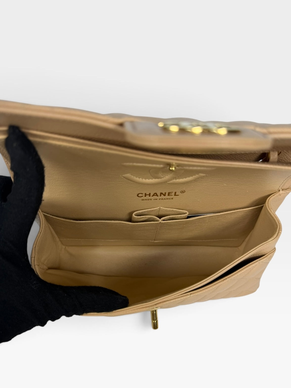 Chanel Small Classic Double Flap In Beige Caviar Leather With Gold Hardware. 100% authentic and preloved in excellent condition.