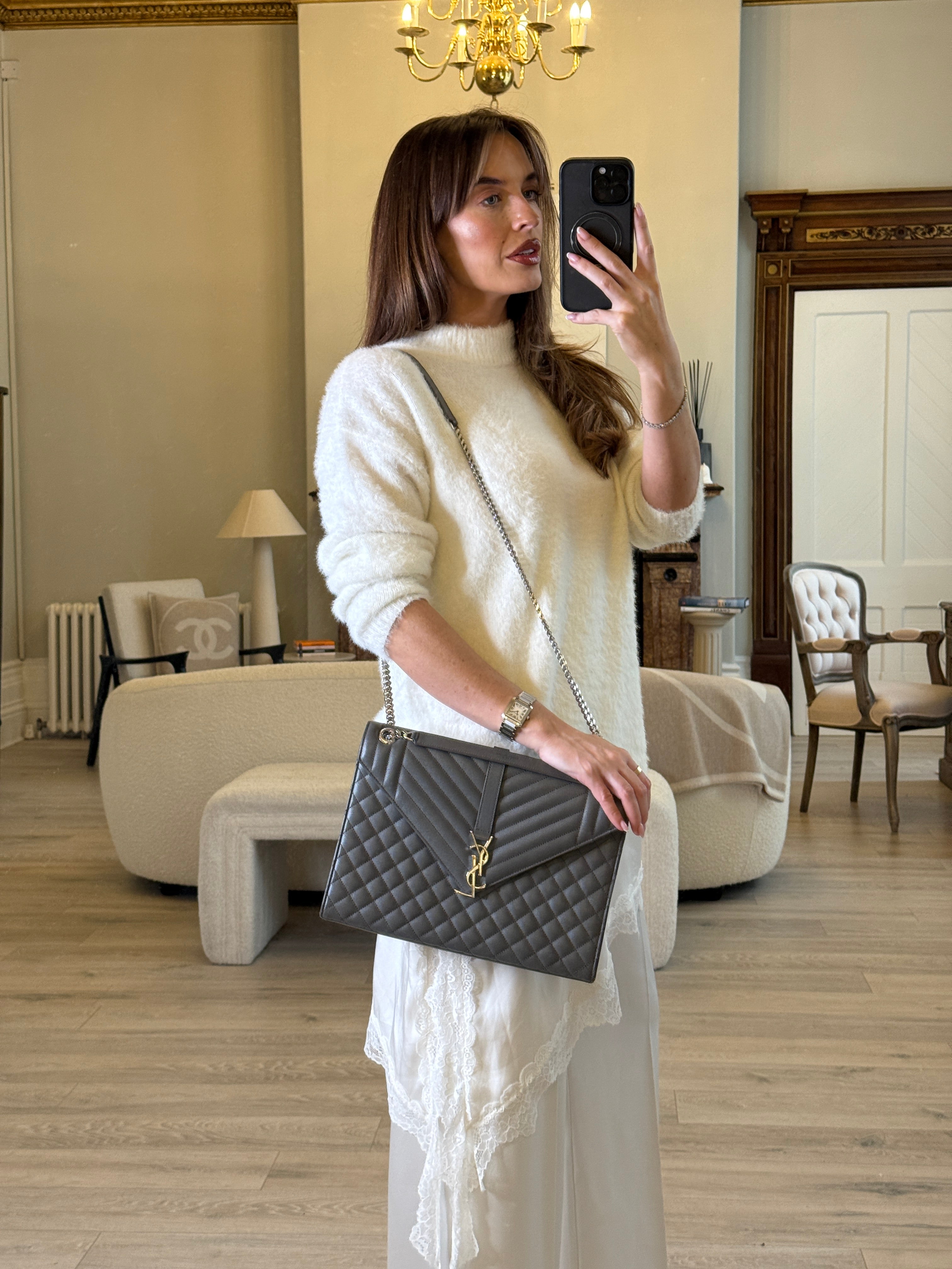Saint Laurent Large Envelope Shoulder Bag In Grey Grained Leather With Silver Hardware. Excellent condition. Authentic and preloved. 