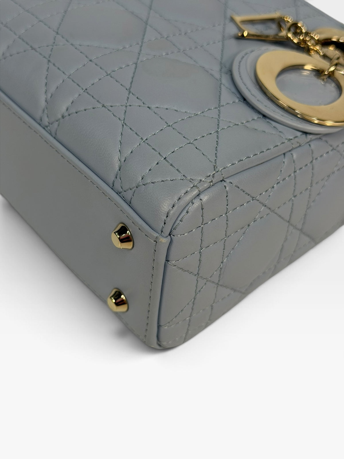 Christian Dior Mini Lady Dior In Pale Blue Cannage Leather With Pale Gold Hardware. 100% Authentic and Preloved in excellent condition. 100% Guarantee