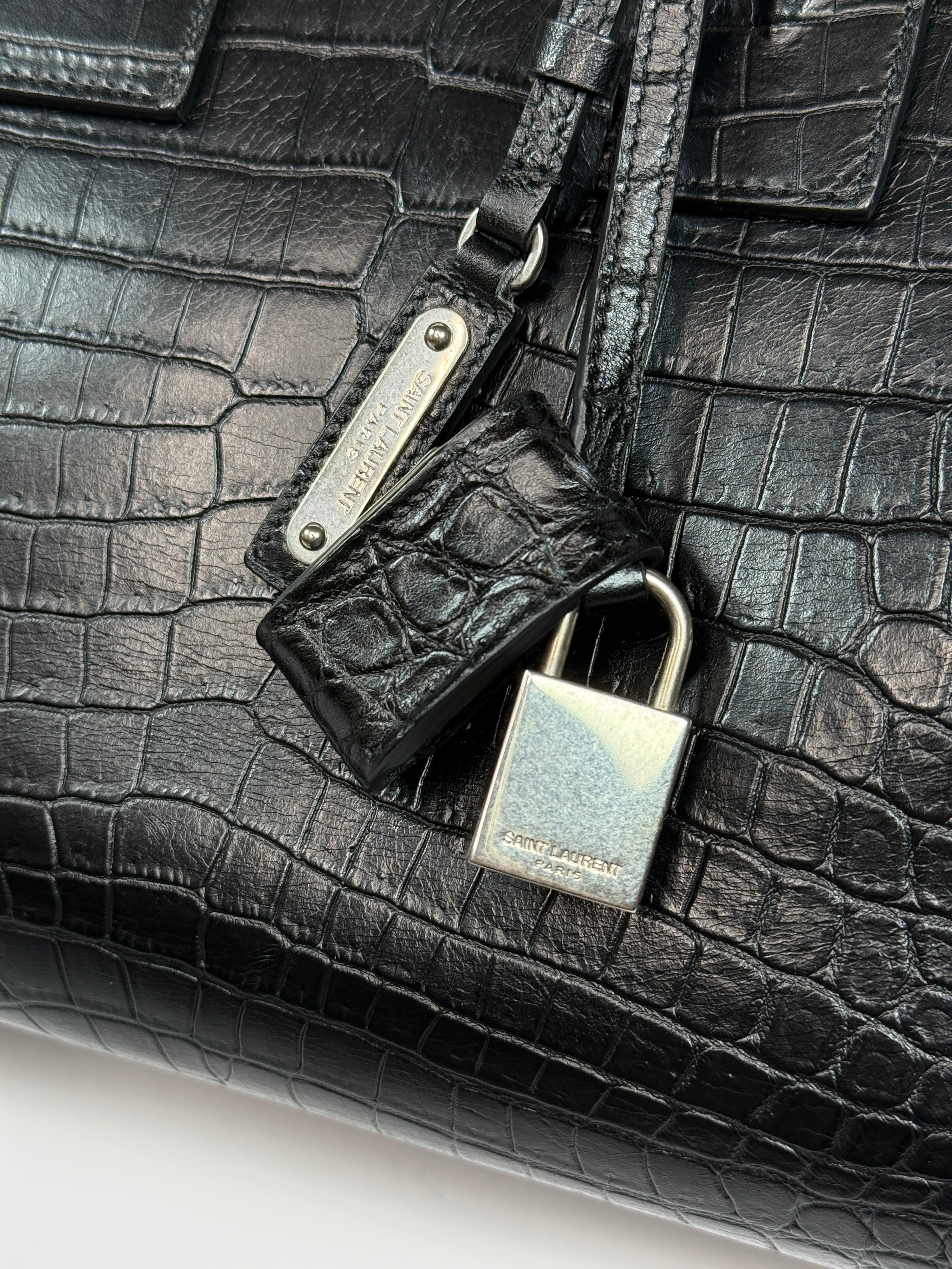 Saint Laurent Large Sac De Jour In Black Croc Embossed Leather With Silver hardware In excellent preloved condition Authentic and preloved.
