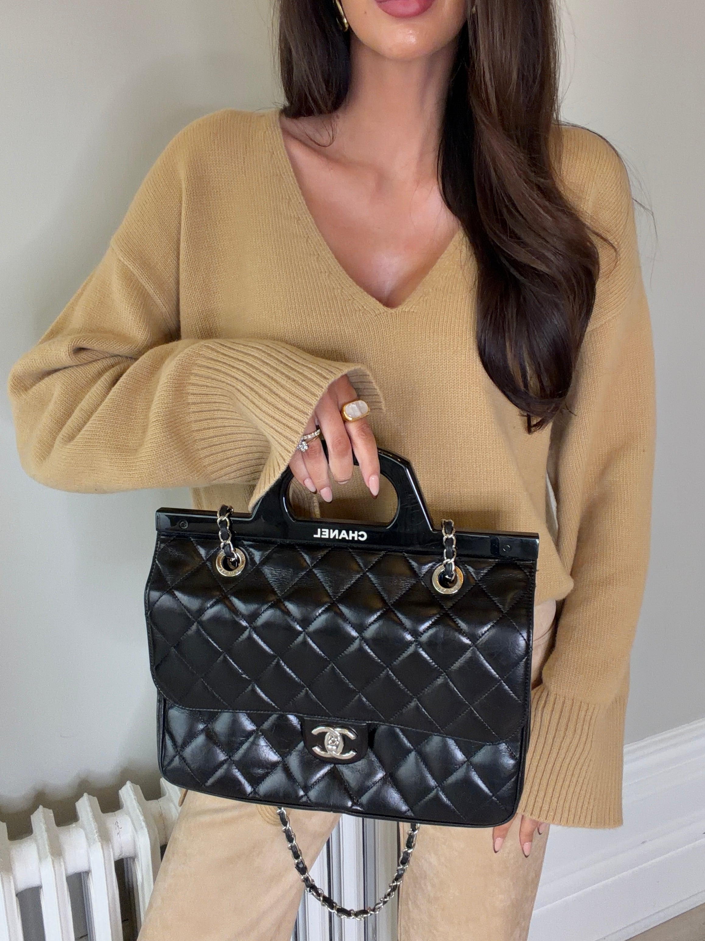 Chanel Delivery Top Handle Flap Bag In Black Calfskin Leather With Silver hardware in very good condition Authentic and preloved